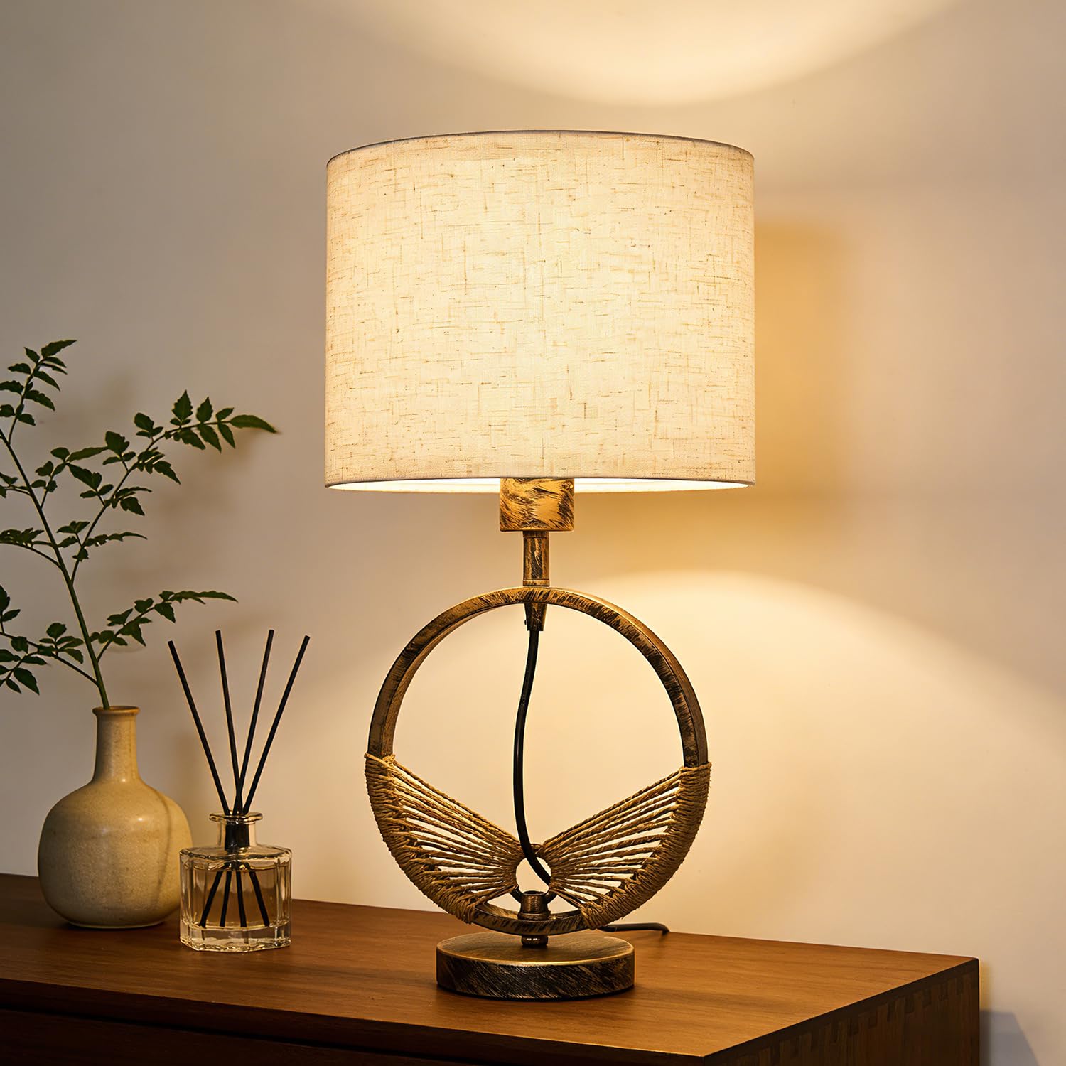 Boho Farmhouse Table Lamps for Living Room,Retro Desk Lamps for Home Office,23" Vintage Decorative Bedside Lamp for Nightstand Living Room,Linen Shades,LED Bulb (not Included)(1 Pack)