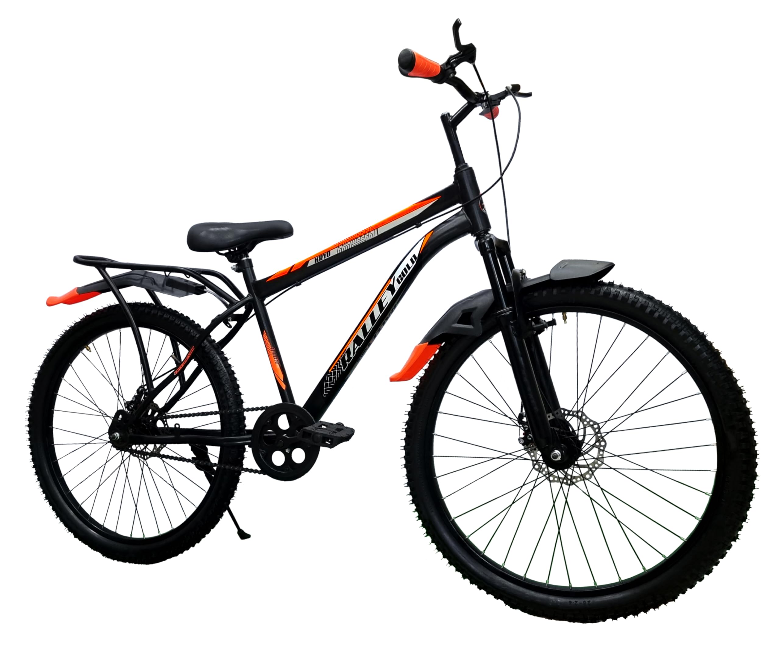 RALLEY GOLD KRYO 26T Bicycle with Carrier Front Suspension Dual  Disc Brakes Non Gear Cycle for Adults (Orange/Black)