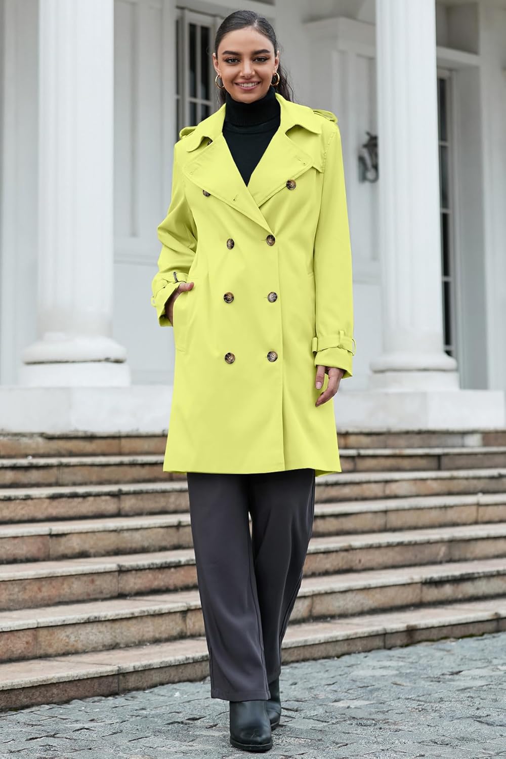 Betusline Women's Double Breasted Waterproof Trench Coat Classic Lapel Overcoat with Belt - Image 3