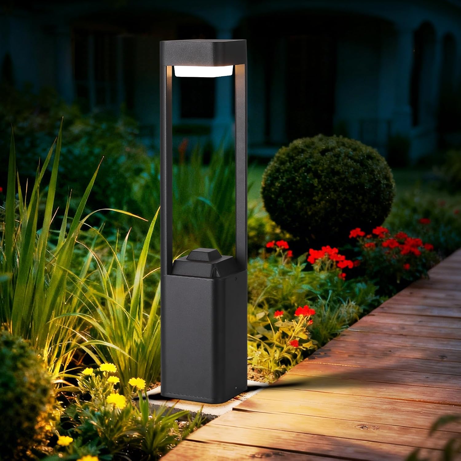Outdoor Path Lighting Fixture 23.62In Outdoor Landscape Pathway Light Black Aluminum Modern Lawn Floor Light With 3000K LED Bollard Lighting Outside Housing Waterproof Post Lantern For Patio Entrance