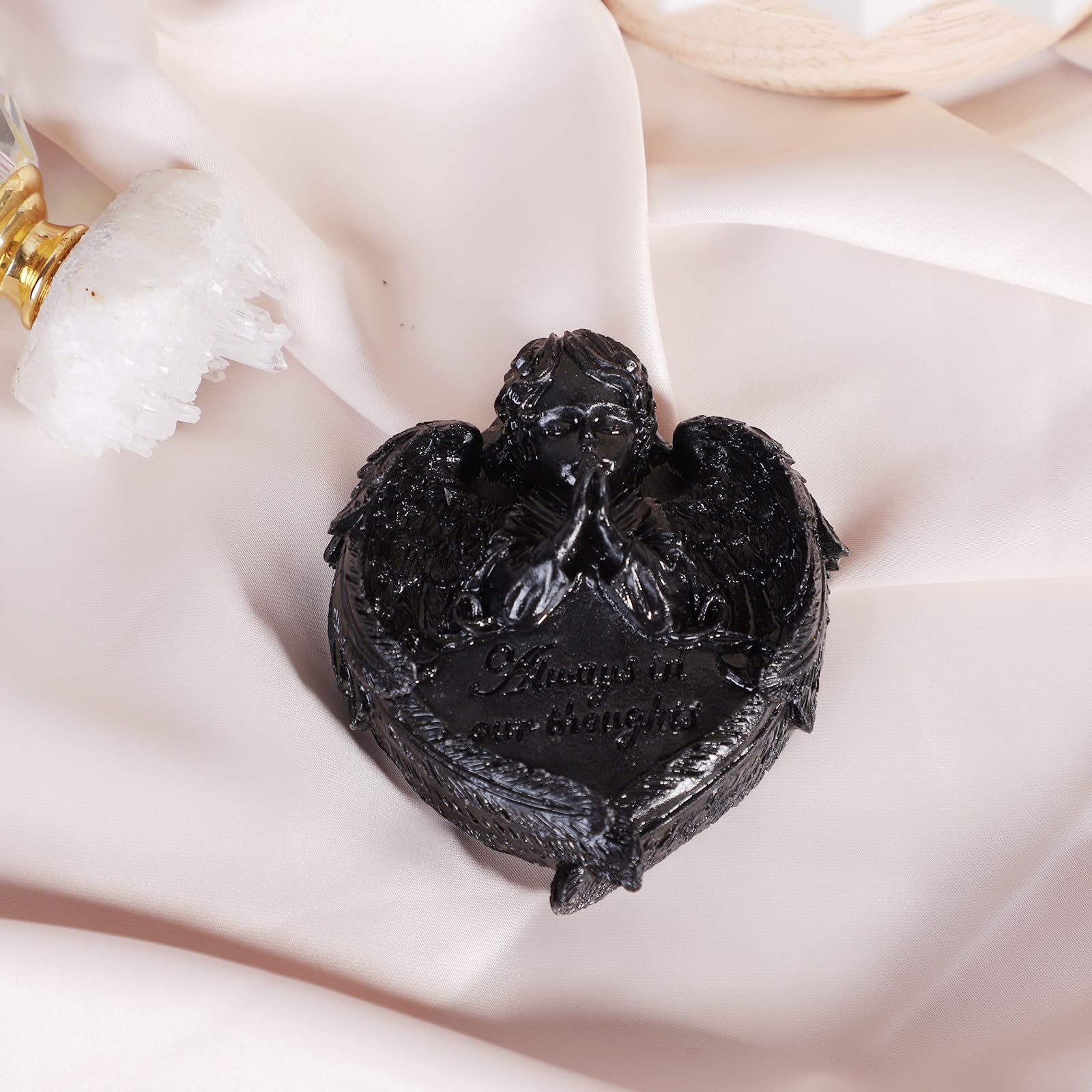 KYEYGWO Obsidian Heart Stone Angel Figurine Decor Reiki Healing Crystal Stone Guardian Angel Statue Resin Love Peace Ornament - Image 4