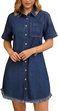 Womens Short Sleeve Denim Dress 2025 Collared Button Front Jean Dresses