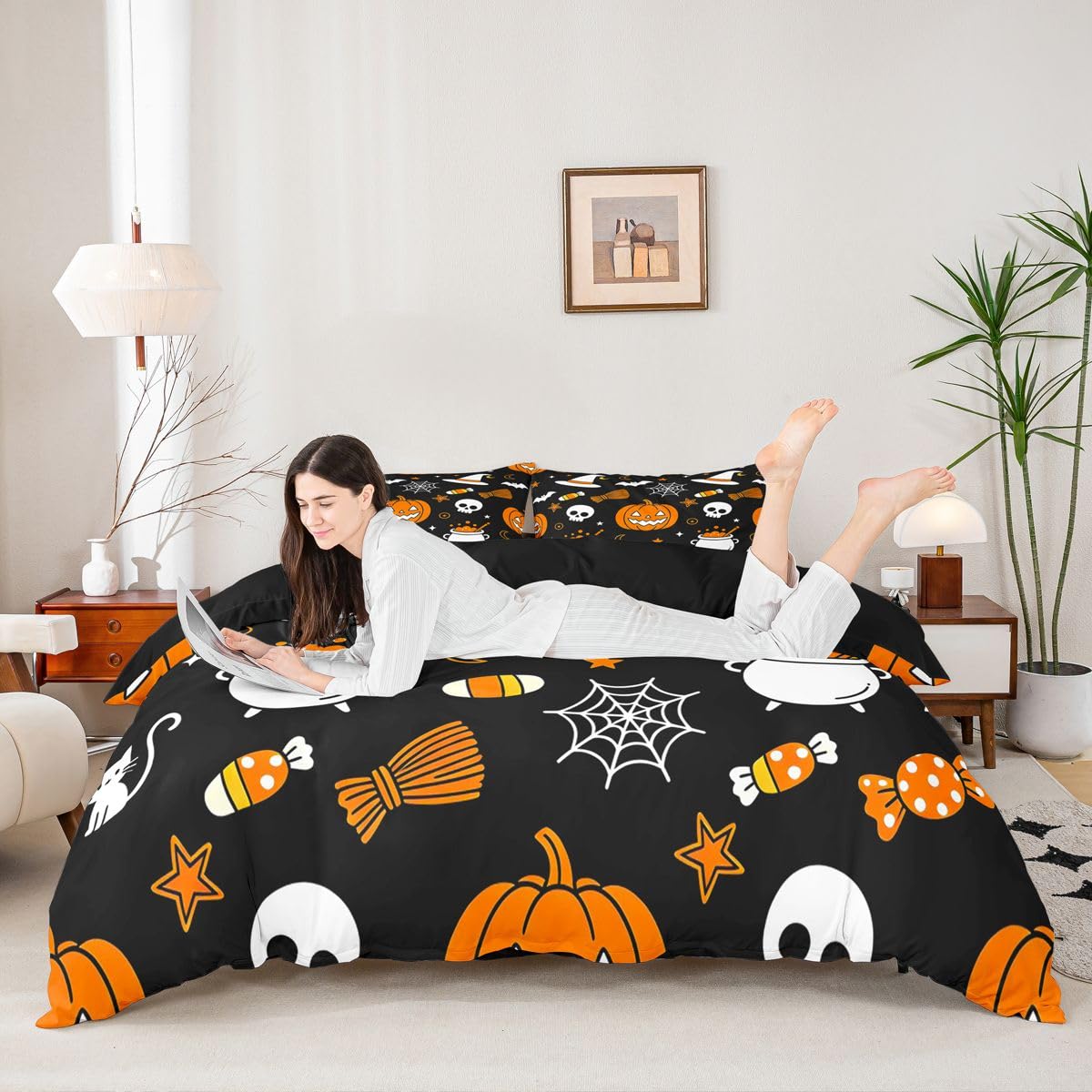 Loussiesd Happy Halloween poszewka na kołdrę super king size uroczy duch dynia kot pajęczyna zestaw pościeli dla chłopców dziewcząt cukrowa czaszka poszewka na kołdrę sypialnia dekoracja 3 szt. zamek