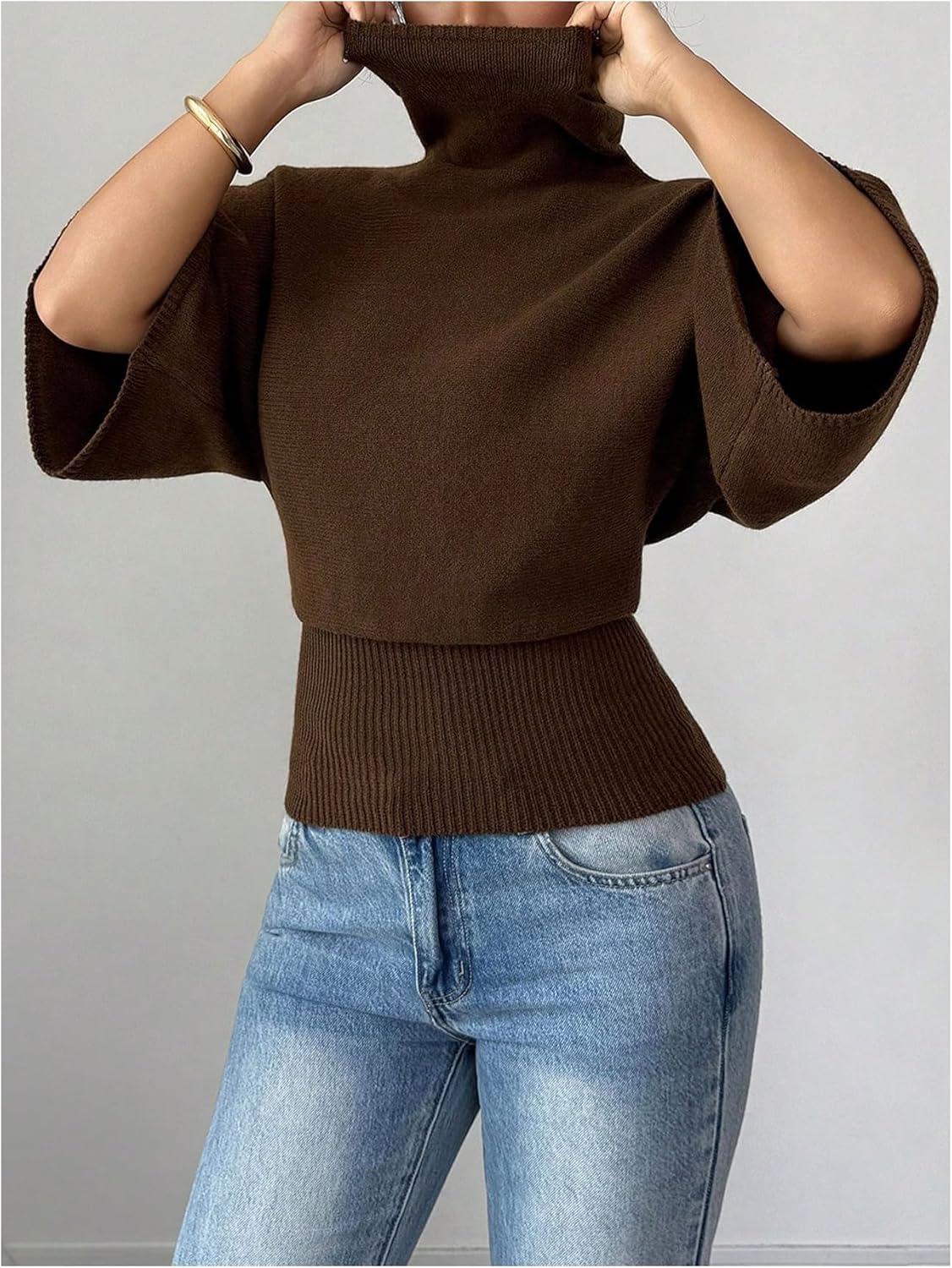 MakeMeChic Women's Turtleneck High Neck Sweater Retro 3/4 Sleeve Business Knitted Pullover Tops - Image 5