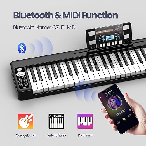 Miniatura 6 de COSSAIN Teclado de piano con 61 teclas, piano digital plegable con llave iluminada, semi-pesado y Bluetooth MIDI portátil para principiantes,