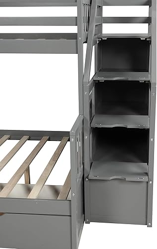 Miniatura 7 de Litera individual sobre matrimonial con cajones, escalera deslizante y almacenamiento, litera de madera con barandilla alta y escalera para niños,