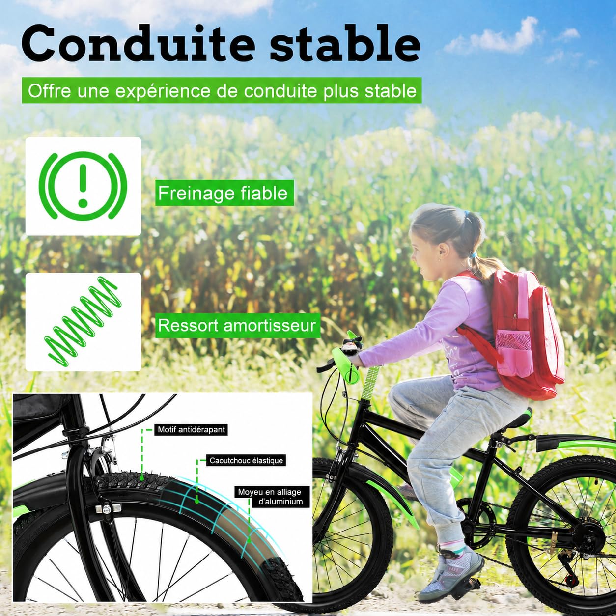 VTT pour enfants garçons et filles, vélo de 20 pouces pour adolescents de 8 à 13 ans, 7 vitesses avec freins à disque avant et frein de stationnement arrière et cadre en acier au carbone, vert