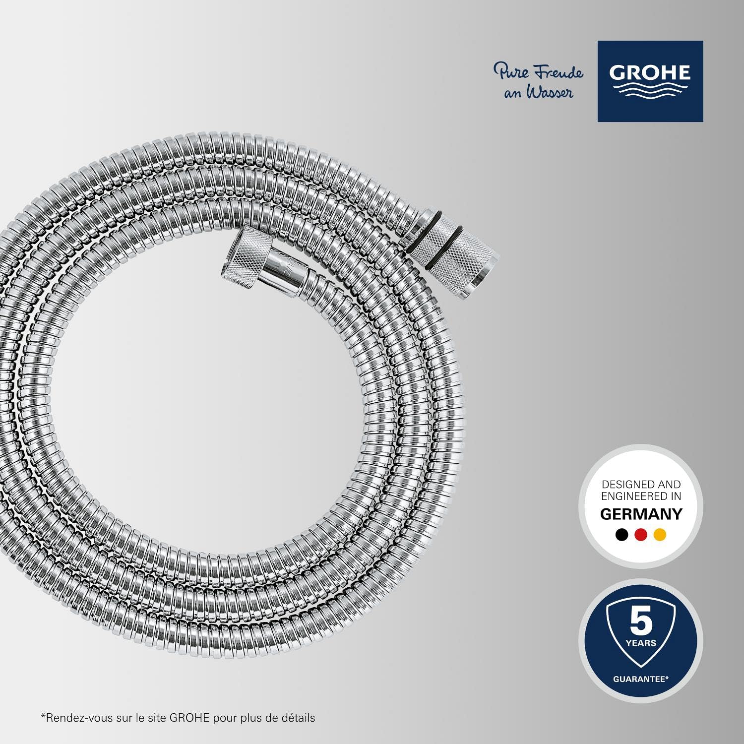 GROHE Flexible tuyau de douche salle de bains VitalioFlex métallique TwistStop 1750mm, anti-pliures, finition brillante, raccord fileté universel 1/2", chromé, 22100000 (Import Allemagne)