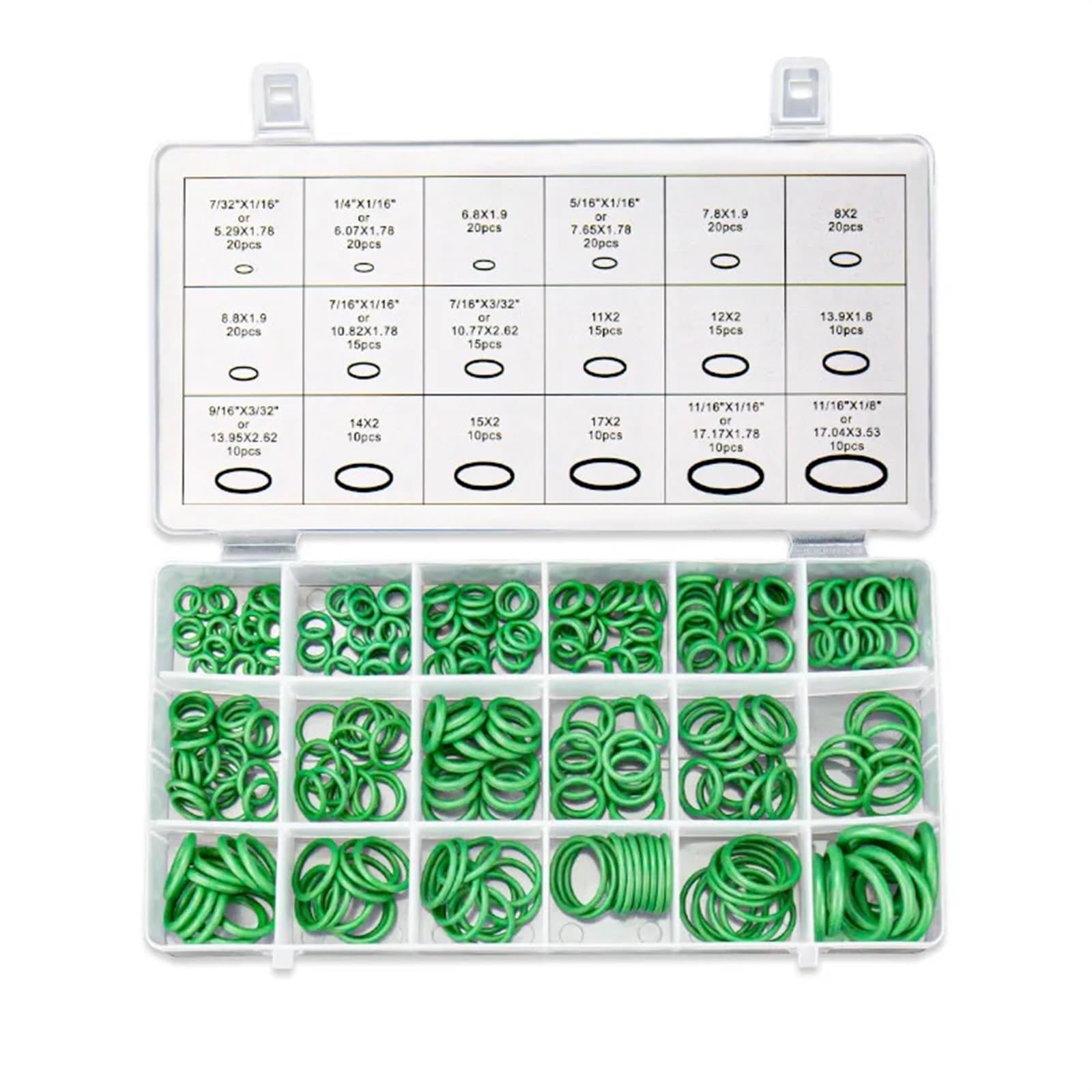 Set di guarnizioni O-ring in gomma, assortimento di guarnizioni O-ring for climatizzatori for autoveicoli, tubi idraulici, aria, gas, HVAC, R134a, R12, verde