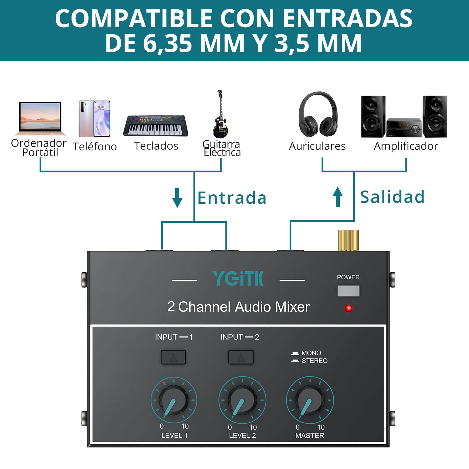 Mini Mezclador de Audio Mezclador de Línea Estéreo de 2 Canales de 6.35mm+3.5mm TSR, 4 Entradas y 1 Salida, para Guitarras, Bajo, Teclados, Micrófono Dinámico