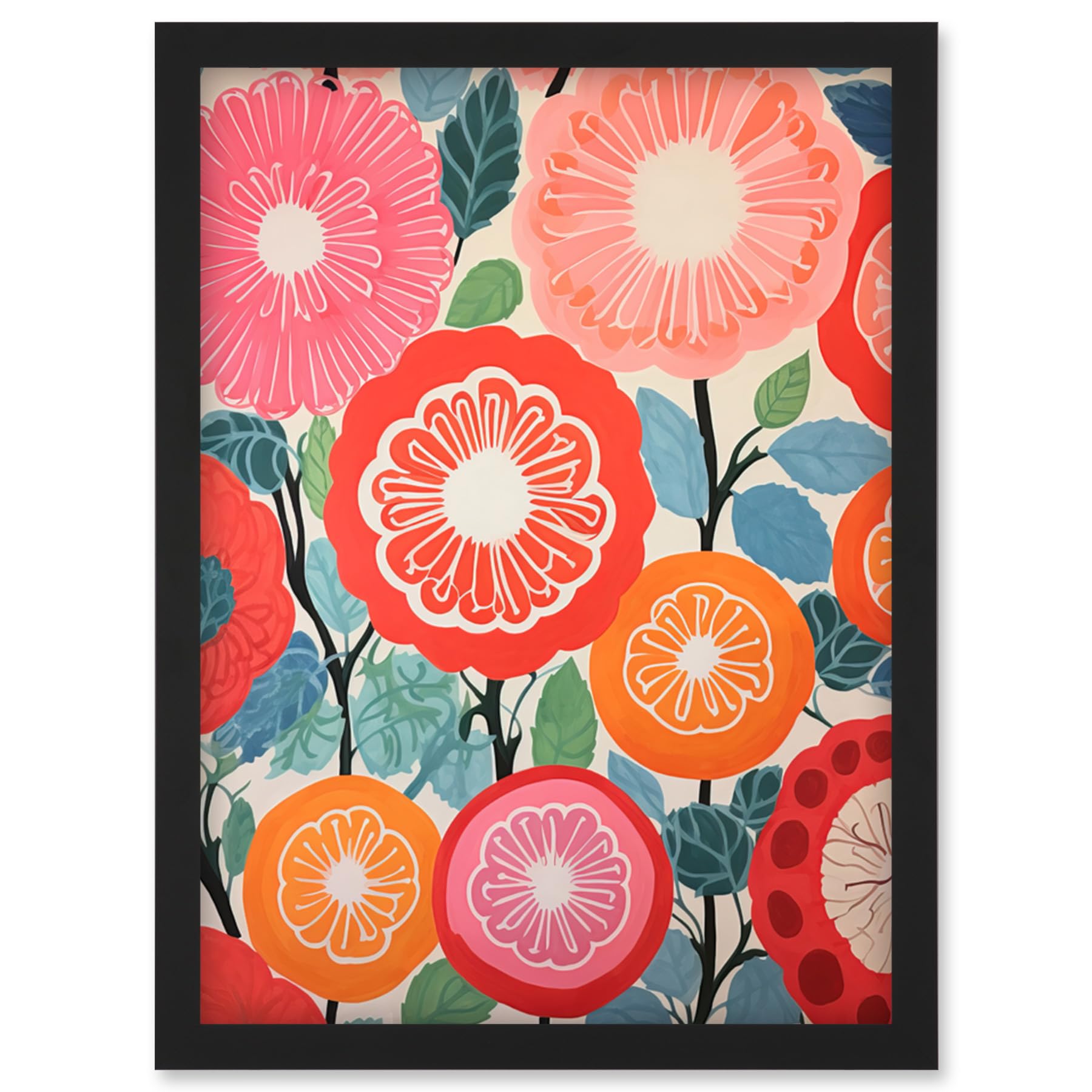 Artery8 Pomegranate Tree Flowers in Bloom Mediterranean Bright Floral Abstract Artwork Framed Wall Art Print A4