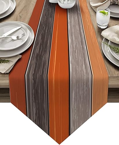 FAMILYDECOR Camino de mesa de lino de arpillera de Acción de Gracias, 13 x 70 pulgadas de largo, camino de mesa retro de madera de granero naranja y