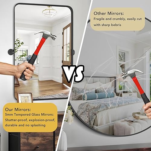 Miniatura 6 de Espejo de tocador pivote negro, espejo de baño de 18 x 28 pulgadas, espejo de pared rectangular grande inclinable para decoración moderna,