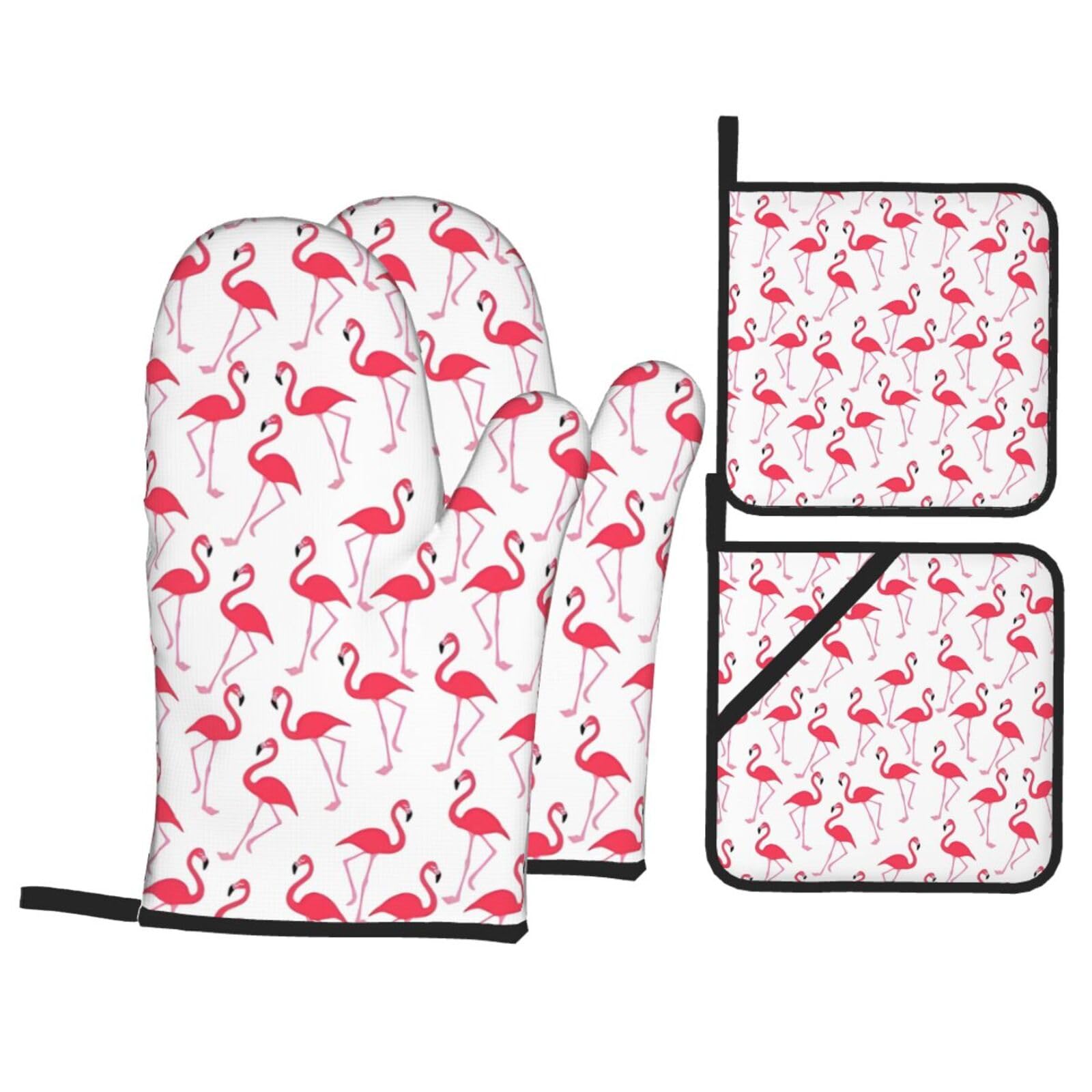 WHJSHOP Pink flamingo pattern Prints Oven Mitts & Pot Holders Set - Waterproof Kitchen Layers & Heat Resistant - Durable Covers for Safe Cooking & Easy Cleanup