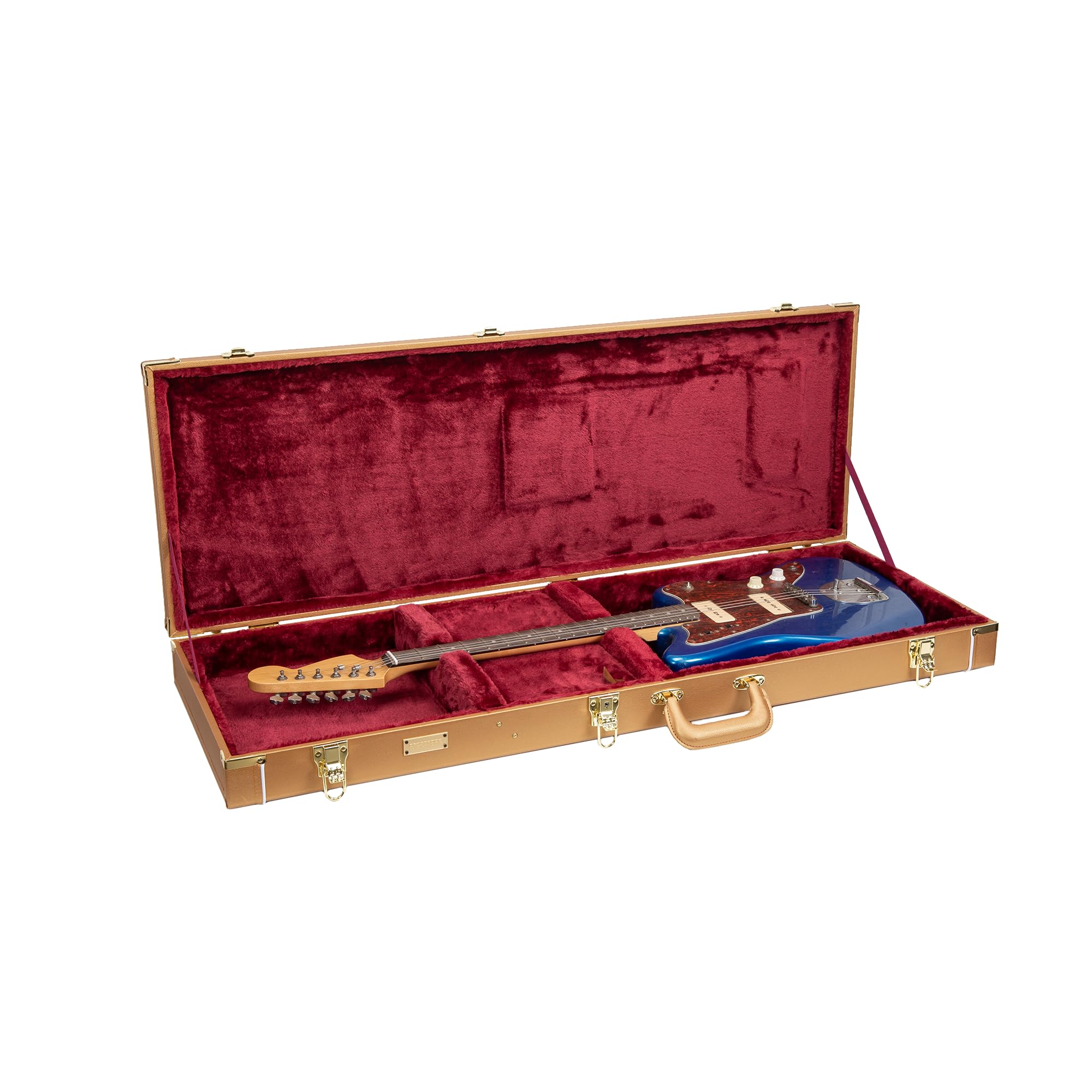 Crossrock Designer Series Rectangular Electric Guitar Case for Jazzmaster & Jaguar | Luxury Gold Faux Leather, Burgundy Velvet Interior, Lock – Premium Wooden Hardshell -Luxury Gold (CRW520JMLG)