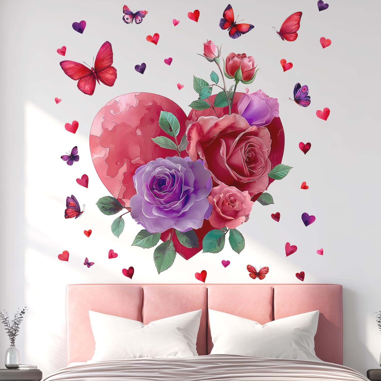 Vepret Red Heart Flowers Wall Decals Peel And Stick, Large Floral Roses Butterflies Wall Stickers & Murals, Removable Home Decor Art For Bedroom Living Room Classroom Office