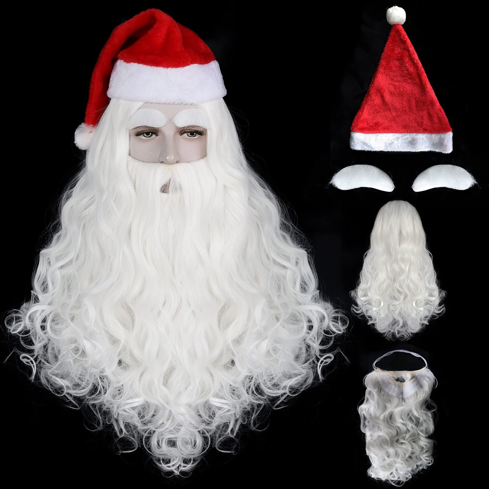 IMEYLEChristmas Santa Wig White Wig Long Curly Wig +(1 Long Moustache + 2 Eyebrows + 1 Christmas Hat+ 1 Wig Cap) Synthetic Cosplay Wig for Halloween Costume Party Christmas Party