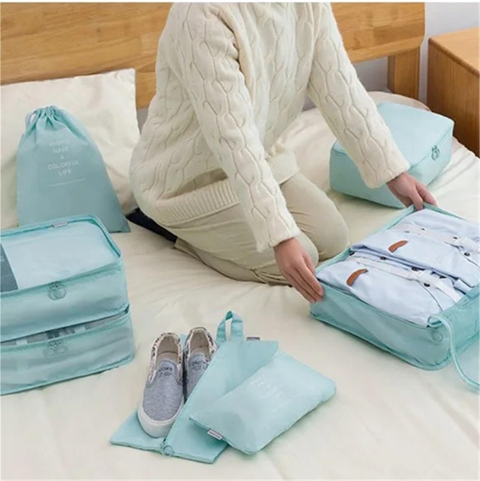 7pcs Travel Storage Bag Suitcase Luggage Clothes Sorting Organizer Set Portable Wardrobe Shoe Pouch para Ropa, Ropa Interior(7pcs dark blue)