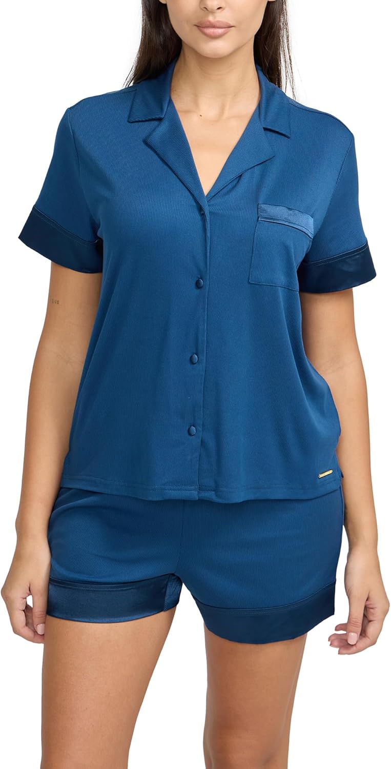 BCBGMAXAZRIA womens Ribbed Pajama Set Short Sleeve Notch Collar With Shorts