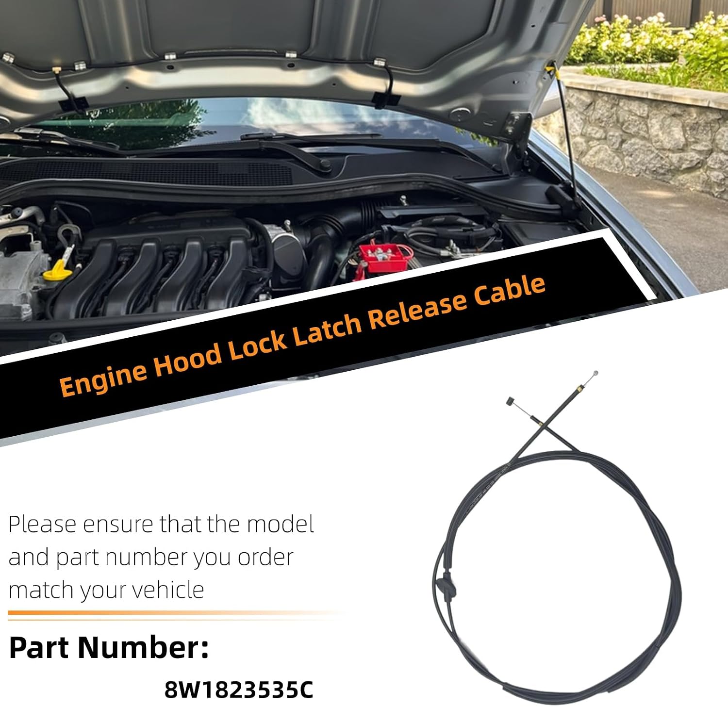 Engine Hood Lock Latch Release Cable Compatible with Audi A4 A5 Quattro 8W1823535C