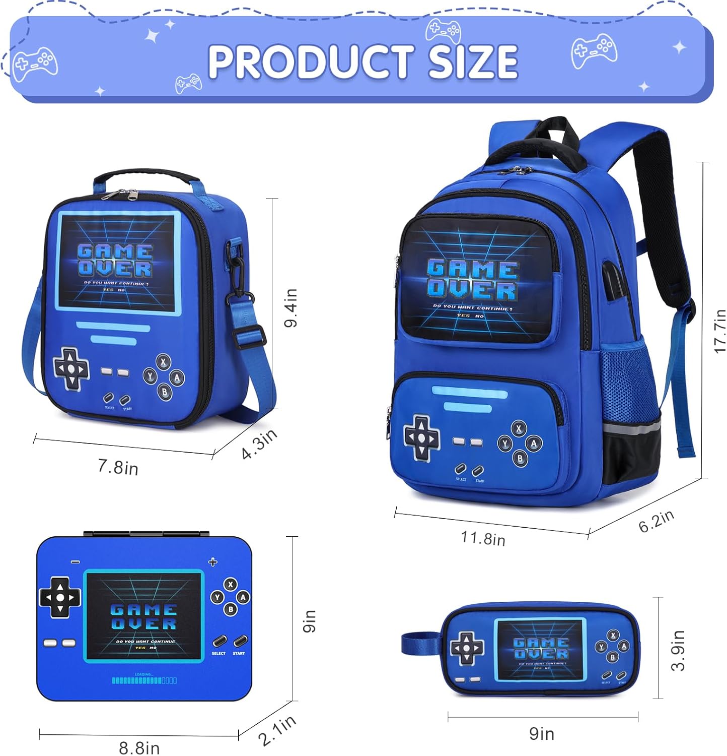 Game luminous Boys Backpack - Bento Box with Insulated Lunch Bag Pencil Case, Utensils Set for Kids, 6 Leakproof Compartments Removable Tray Lunches or Snack Container (Blue)