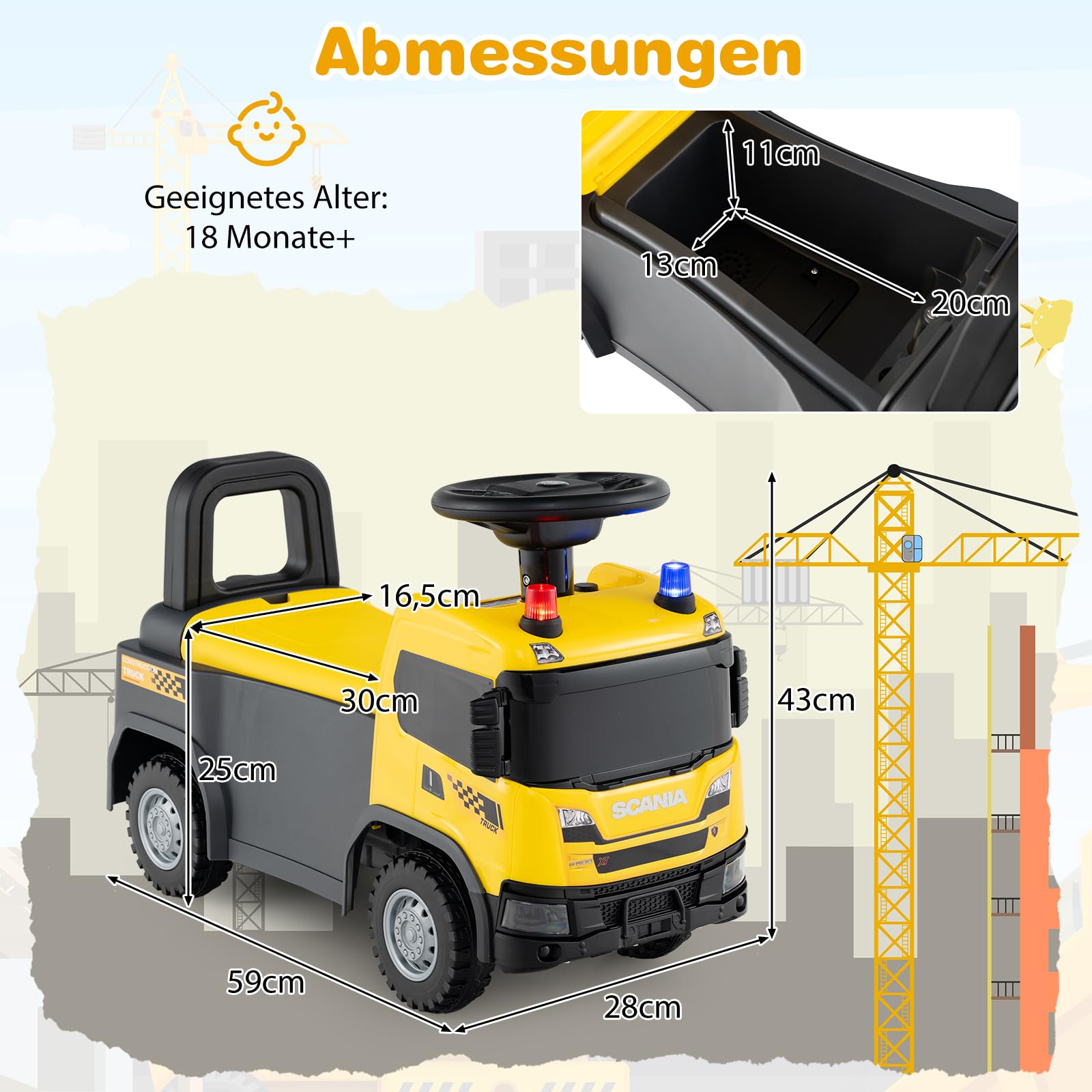 COSTWAY 2 in 1 Rutschauto, Polizeiauto mit Lenkrad, LED-Licht, Hupe & Musik, Rutscher Auto mit Stauraum, Schiebeauto, tragbares Rutschfahrzeug für Kinder ab 1 Jahr (Gelb)