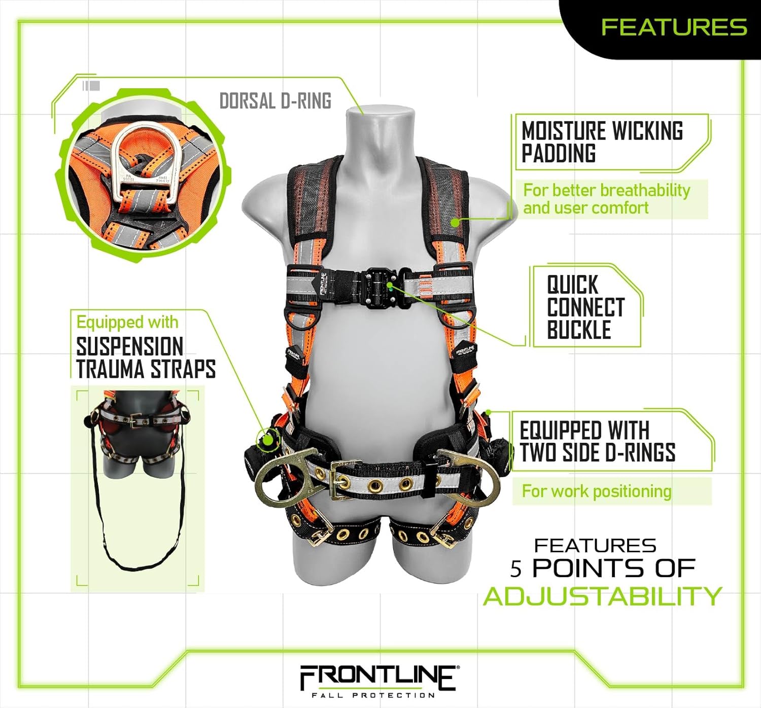 Frontline Fall Protection 100RCTB Combat™ Reflective Construction Full Body Harness with Tongue Buckle Legs and Trauma Straps,5 Points of Adjustability,Positioning Belt,OSHA & ANSI Compliant (Size: S)