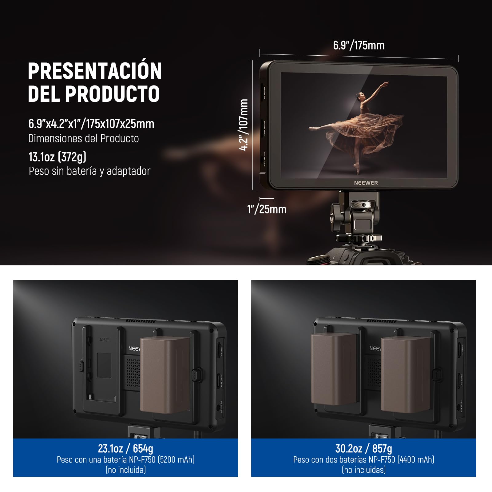 NEEWER Monitor de Campo de cámara F600 de 7 Pulgadas, Pantalla táctil IPS HD de 2400 nits, 1920 x 1080 con LUT 3D, Entrada y Salida HDMI 4K con Enfoque Pico DSLR Video Assist HDR, Soporte de Zapata