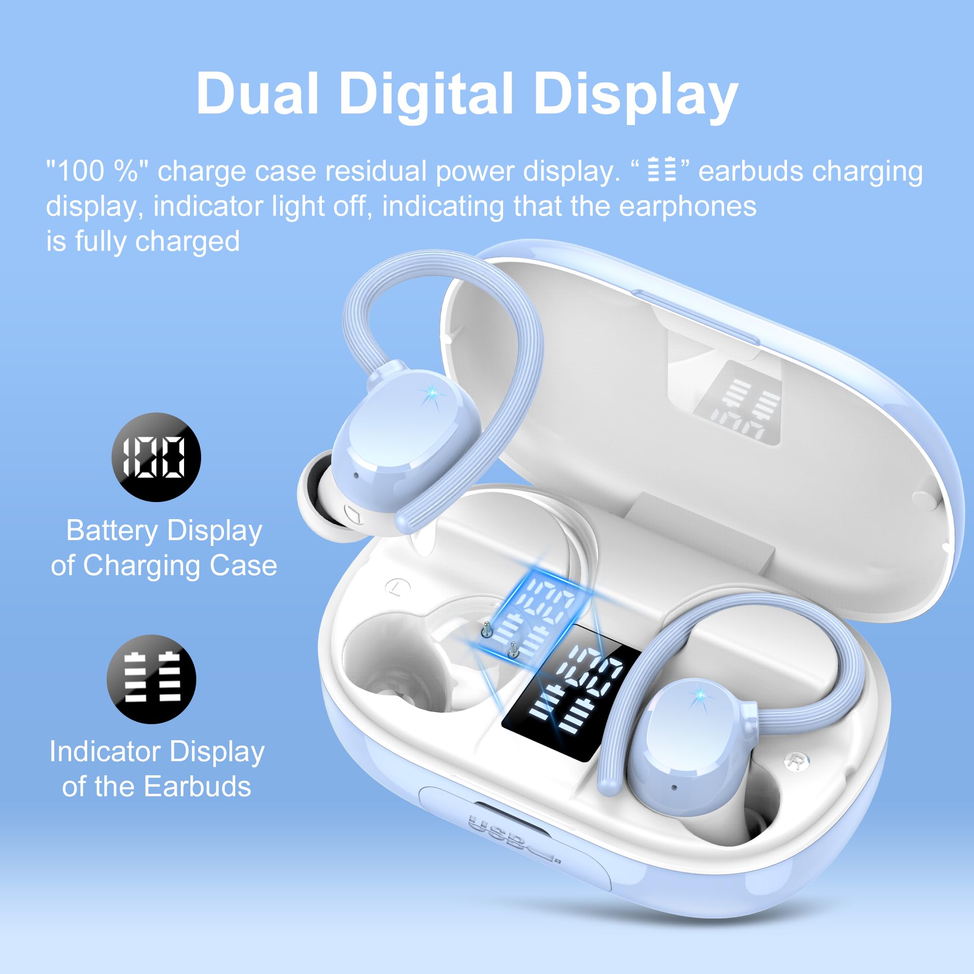 Auriculares Inalámbricos Deportivos, Nueva Auriculares Bluetooth 5.3 con Mic, 128H Cascos Inalambricos Bluetooth HiFi Estéreo, Cancelacion Ruido ENC Auriculares Running, Pantalla LED/IP7 Impermeable