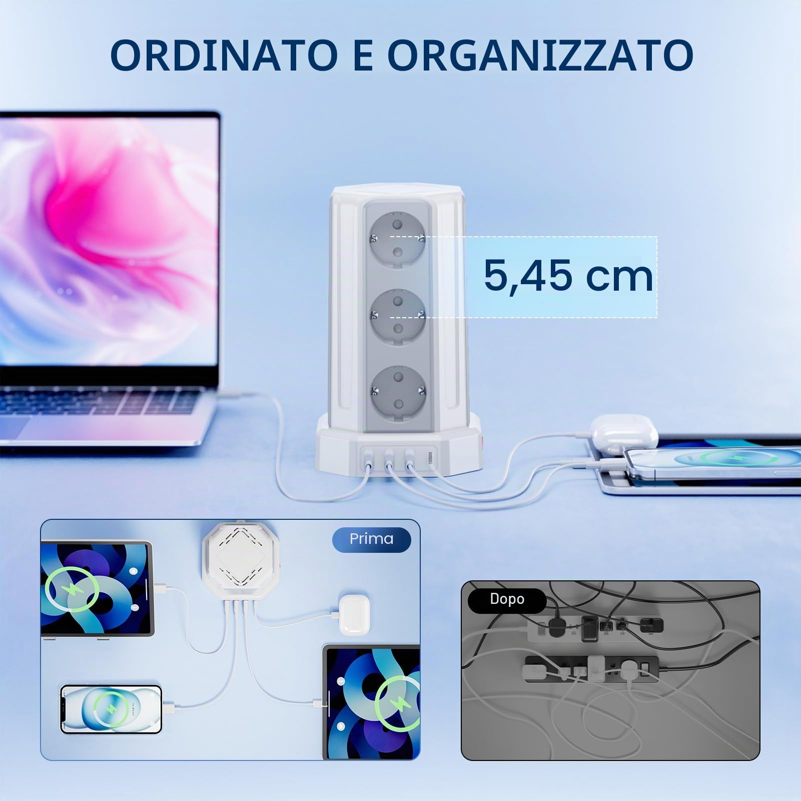 Sameriver, Ciabatta multipla con interruttore, 12 prese, con 3 USB A+1 USB C, ciabatta con cavo di prolunga da 5 m, protezione da sovratensione per casa, ufficio F (Schuko)