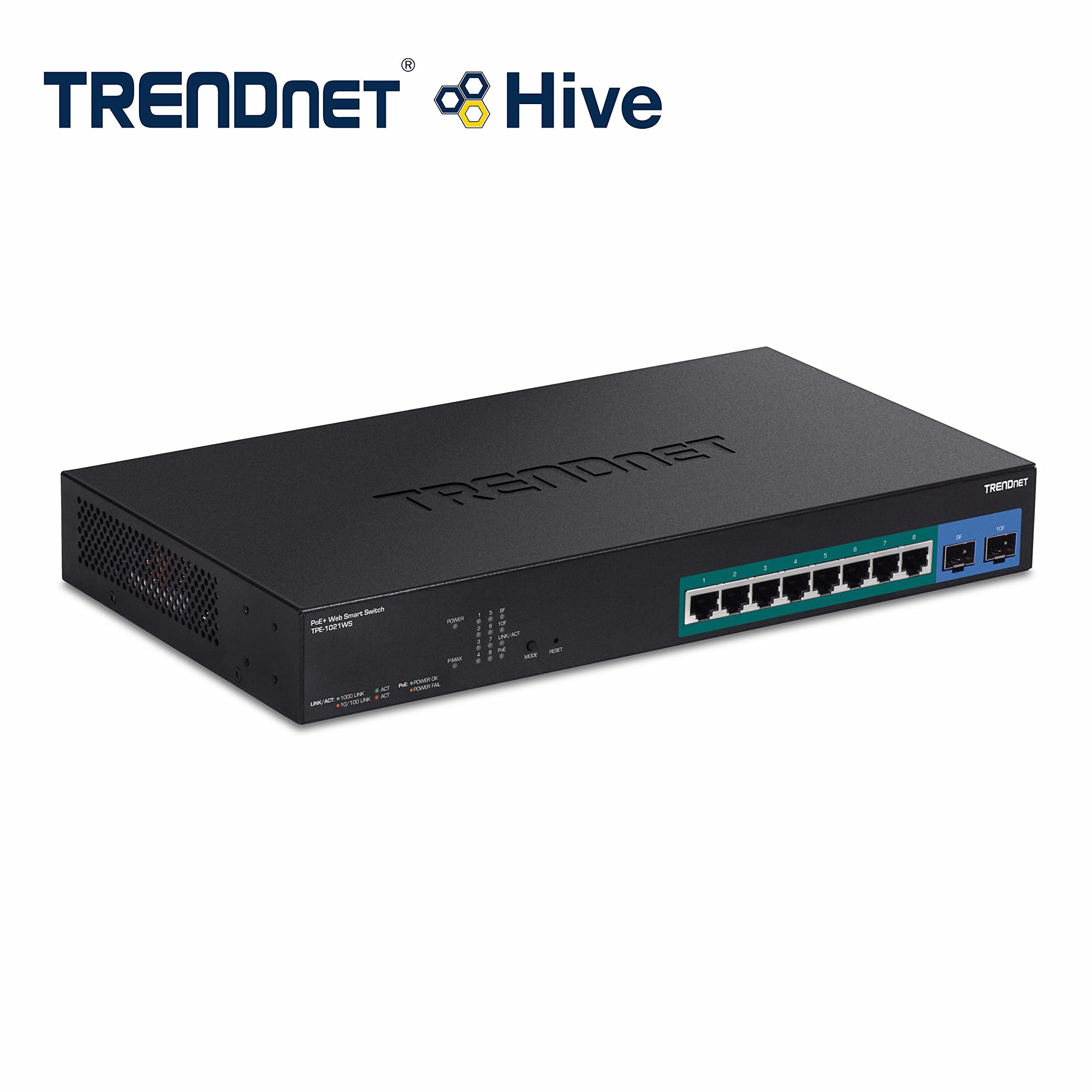 TRENDnet, TPE-1021WS, Commutateur Gigabit Web Smart PoE+ 10 Ports avec 8 Ports Gigabit PoE+, 2 emplacements SFP, Budget PoE 130 W, VLAN, QoS, LACP, routage Statique IPv4/IPv6