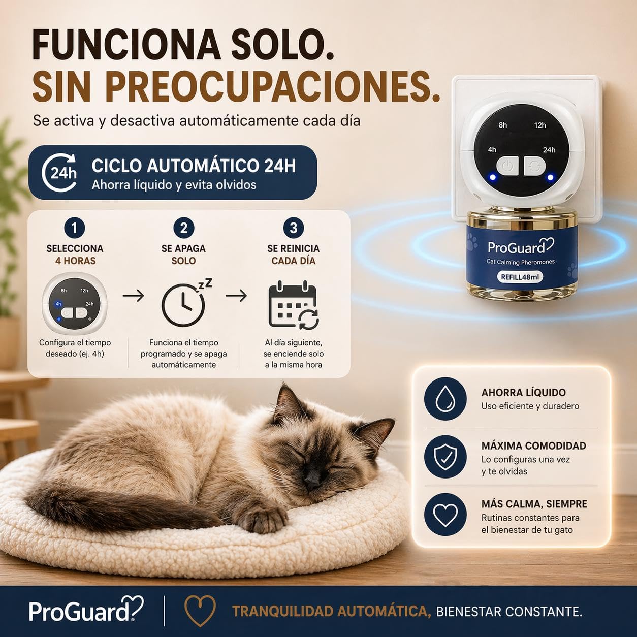 ProGuard® Difusor de Feromonas Calmantes para Gatos | Kit 3 Difusores con Temporizador + 6 Recambios (48 ml) | Solución Natural para Ansiedad y Estrés en Gatos y Gatitos, hasta 180 Días de Duración