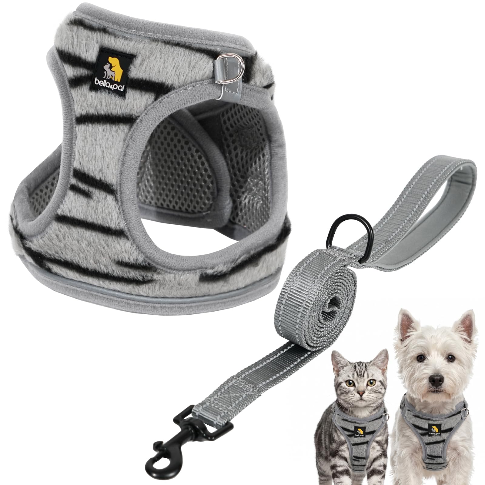 BELLA & PAL Dog Harness and Leash Set, Step-in Puppy Harnesses, Soft Long Plush with Reflective Strips, No Pull Vest for Puppies/Extra Small/Small Dogs, Grey Zebra, XS