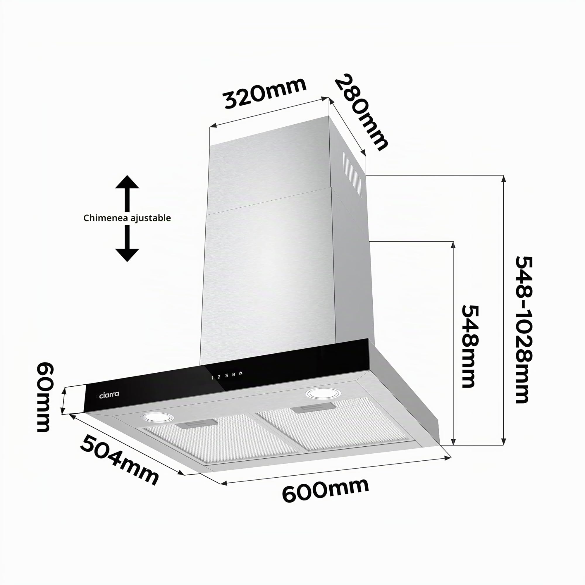 CIARRA CBCS6102 Campana Extractora 60 cm 706 m³/h WiFi Plateada A+++ | 4 Velocidades - Evacuación al Exterior y Recirculación Interna por Filtro de Carbón CBCF003 - Acero Inoxidable
