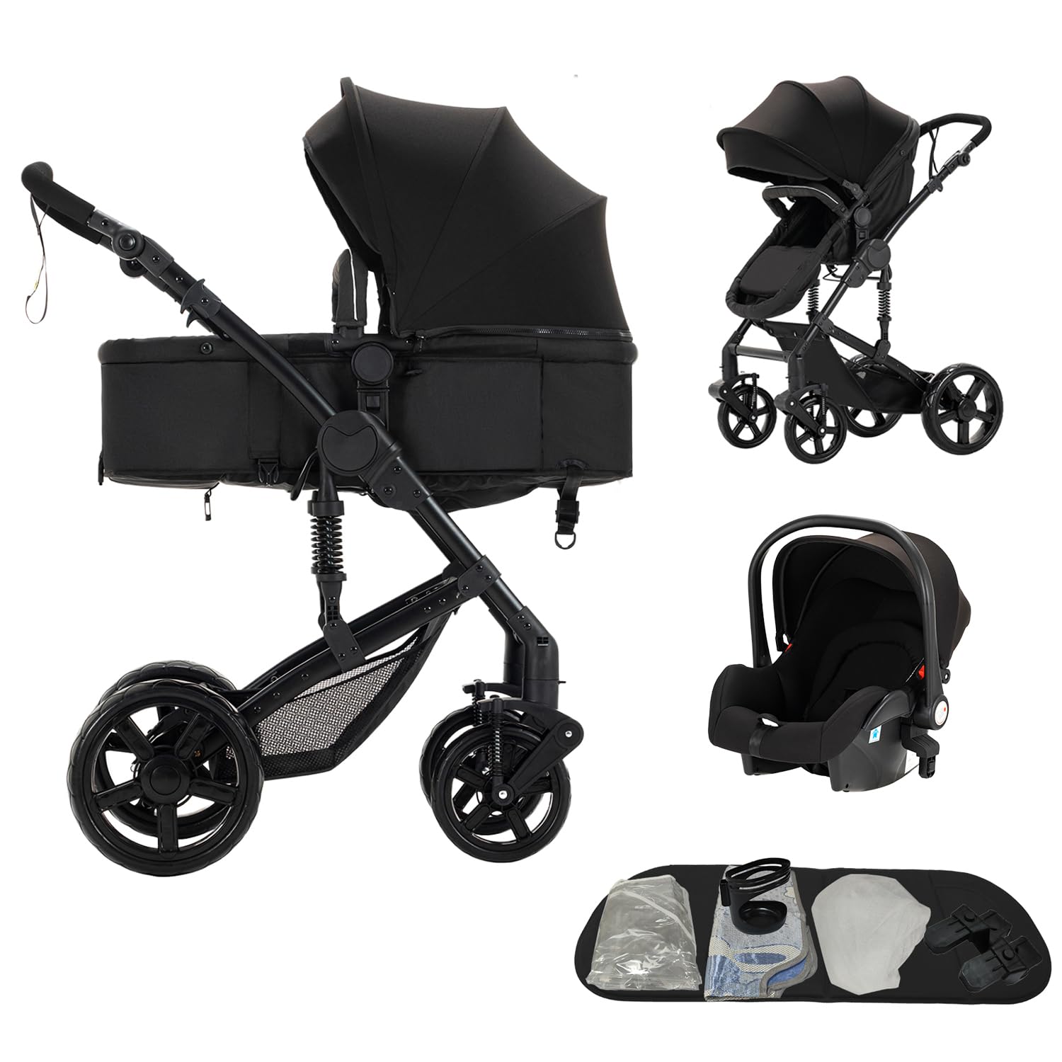 3-in-1 Baby Kombikinderwagen, Babywanne, Sportwagen und Autositz, for 0-36 Monate Babys (Schwarz)