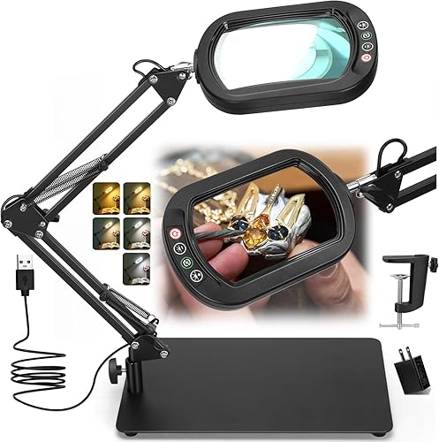 Veemagni Lupa de Aumento 10X con Luz y Soporte, Vidrio Real Rectangular, 5 Modos de Color Regulables Lámpara de Escritorio LED 2 en 1 y Abrazadera,