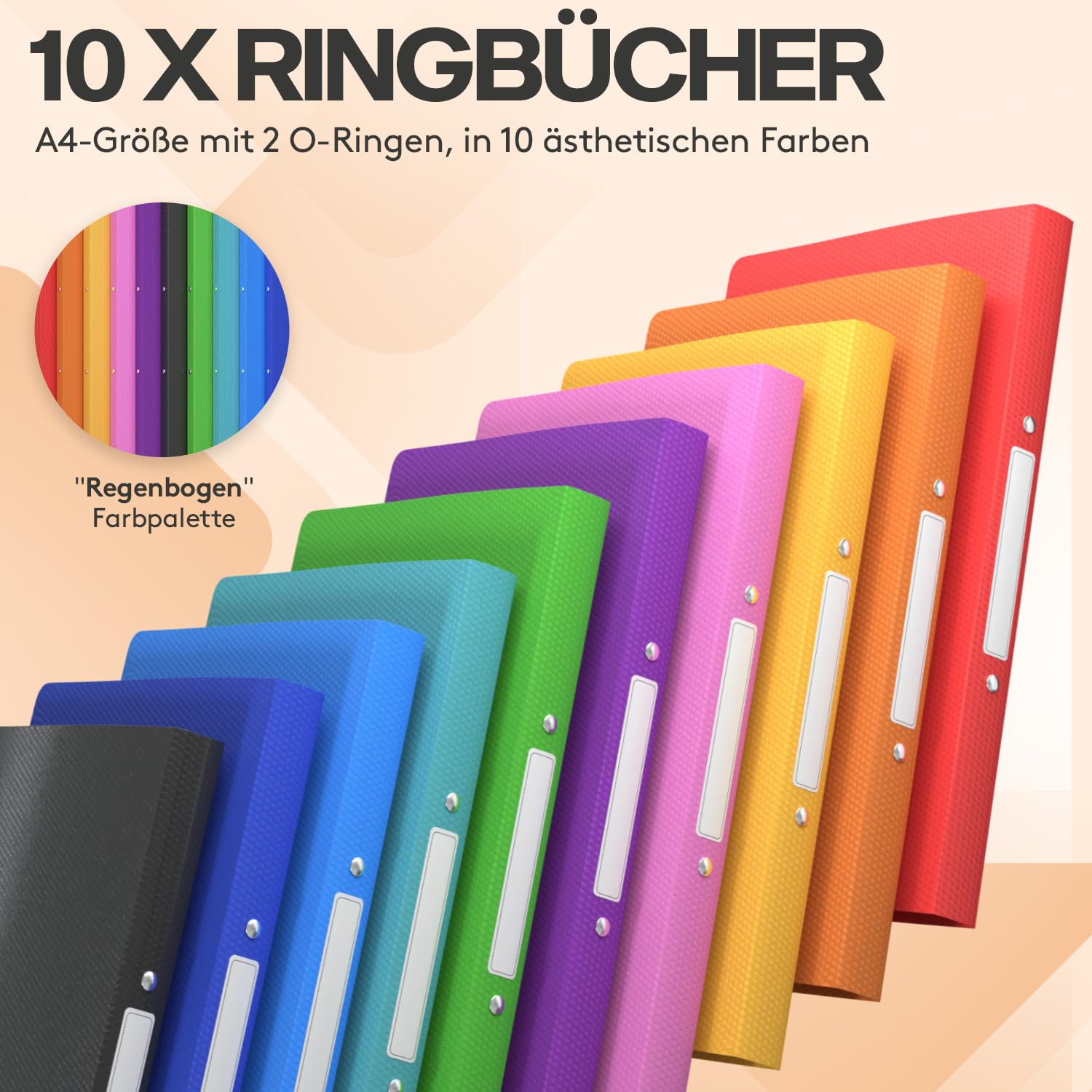 ACROPAQ - 10 x Ringbuch A4 - Inkl. 10 x Dokumententasche, 25 x Klarsichthüllen und 12 x Rückenetiketten, Mit 2 Ringen, Rückenbreite 2,5 cm, Regenbogen, "Nature" Farbkollektion - Ringhefter, Ringordner