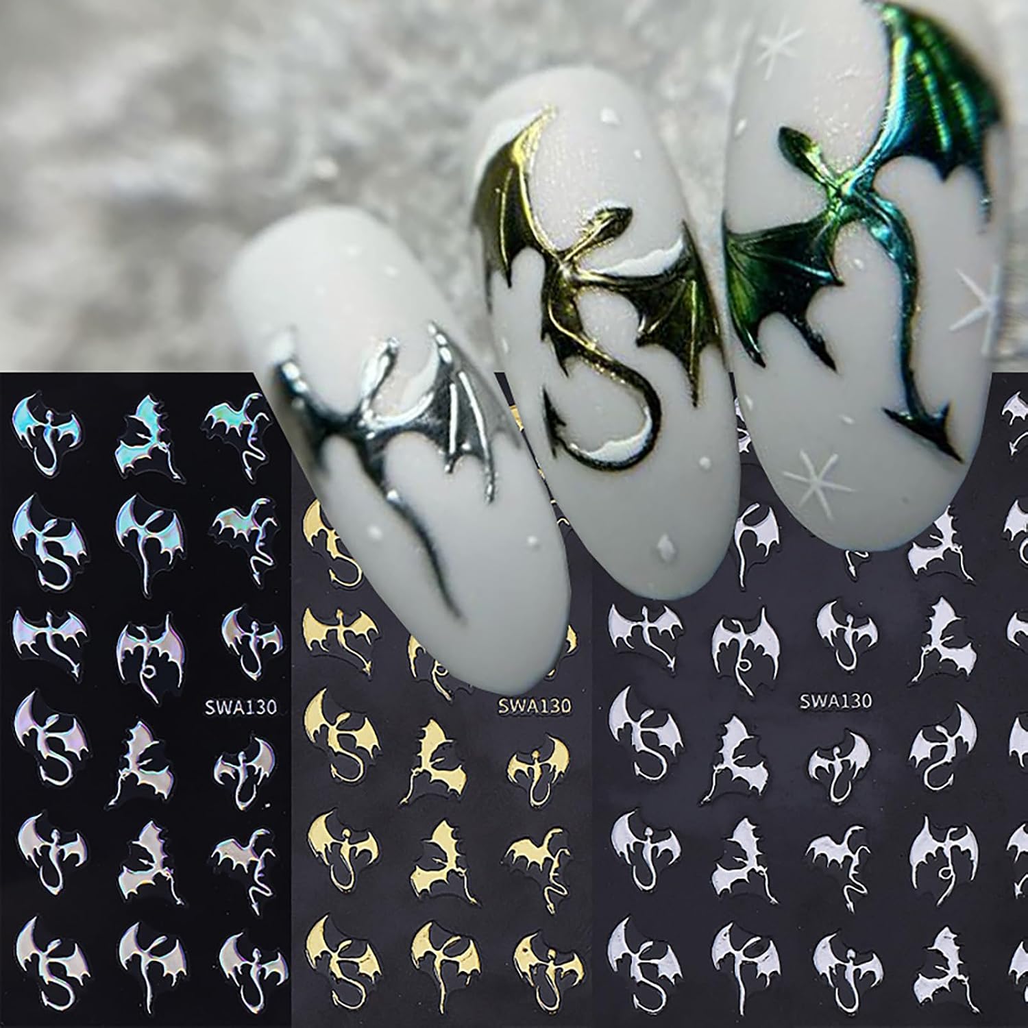 Halloween Nail Stickers for Nail Art Metallic Bat Nail Decals 6PCS Self-Adhesive Laser Silver Gold Supply Manicure Sliders Dragon Stickers for Nail Decorations Nail Art Charms Manicure Accessories