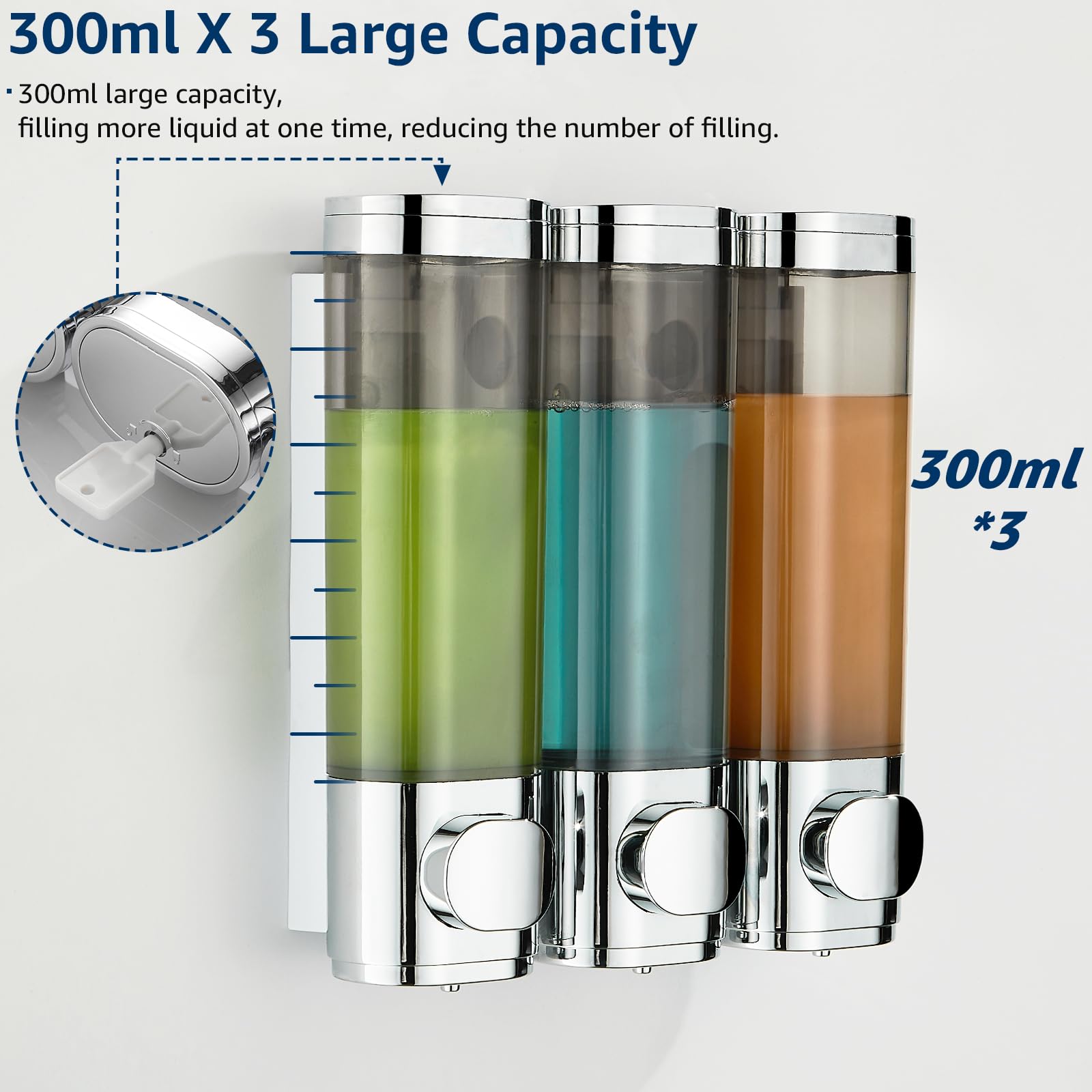 modunful Shower Dispenser 3 Chamber No Drill Shampoo Dispenser for Shower Wall Mounted Shampoo Conditioner Body Wash for Bathroom,Large Capacity,Chrome - Image 4