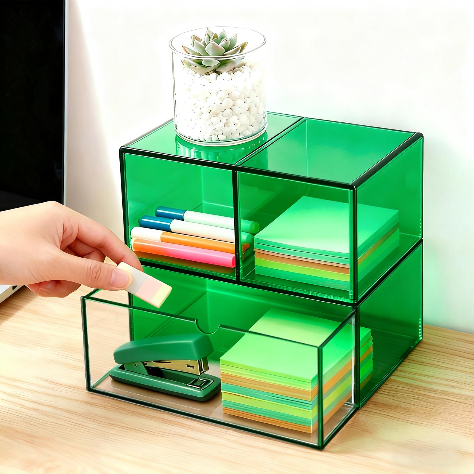 Gelite Organiseur de bureau avec 3 tiroirs de rangement pour maquillage et bureau en acrylique - Organisateur de tiroir pour coiffeuse et bureau - Vert émeraude