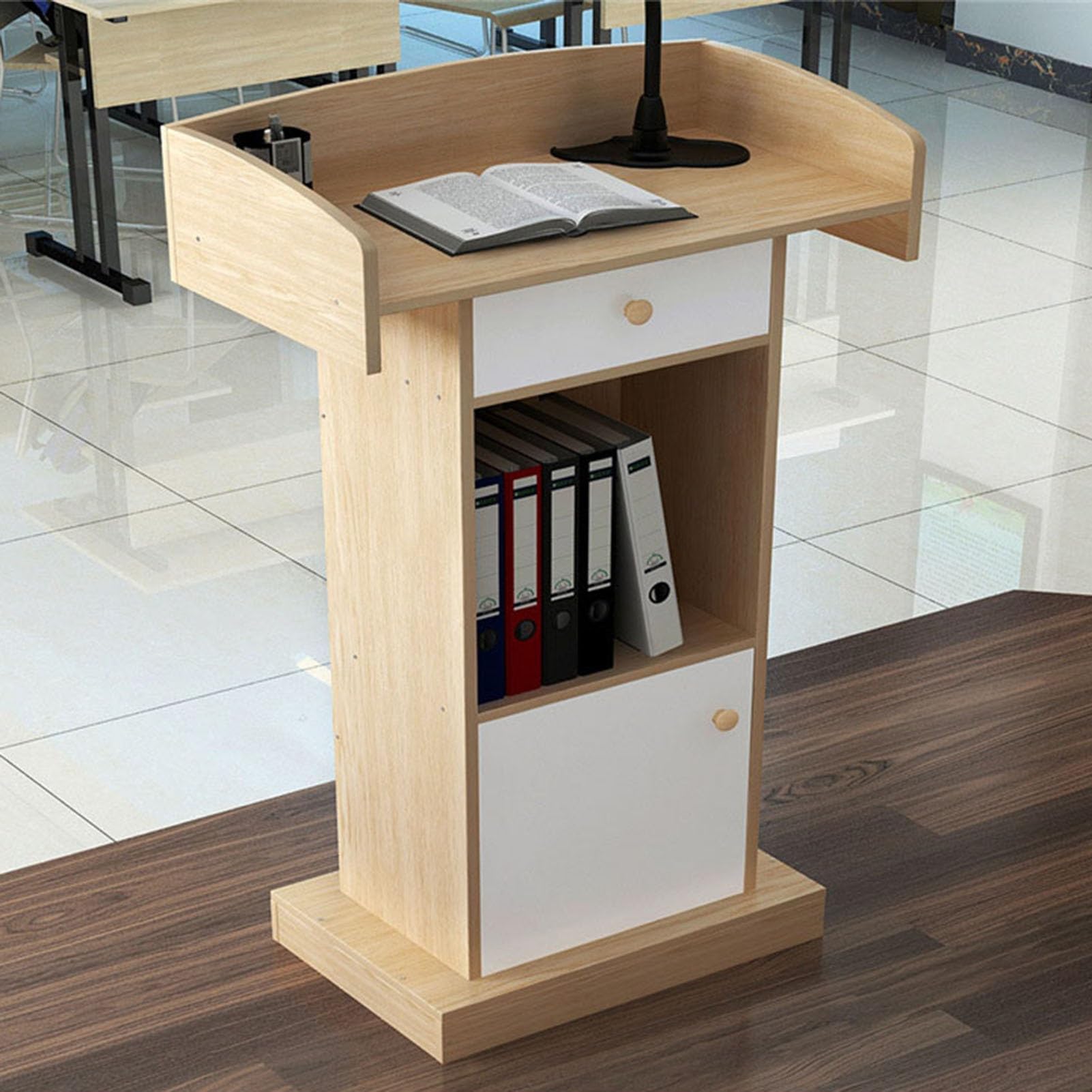 Atril de roble oscuro con cajón de diseño sofisticado y fácil mantenimiento