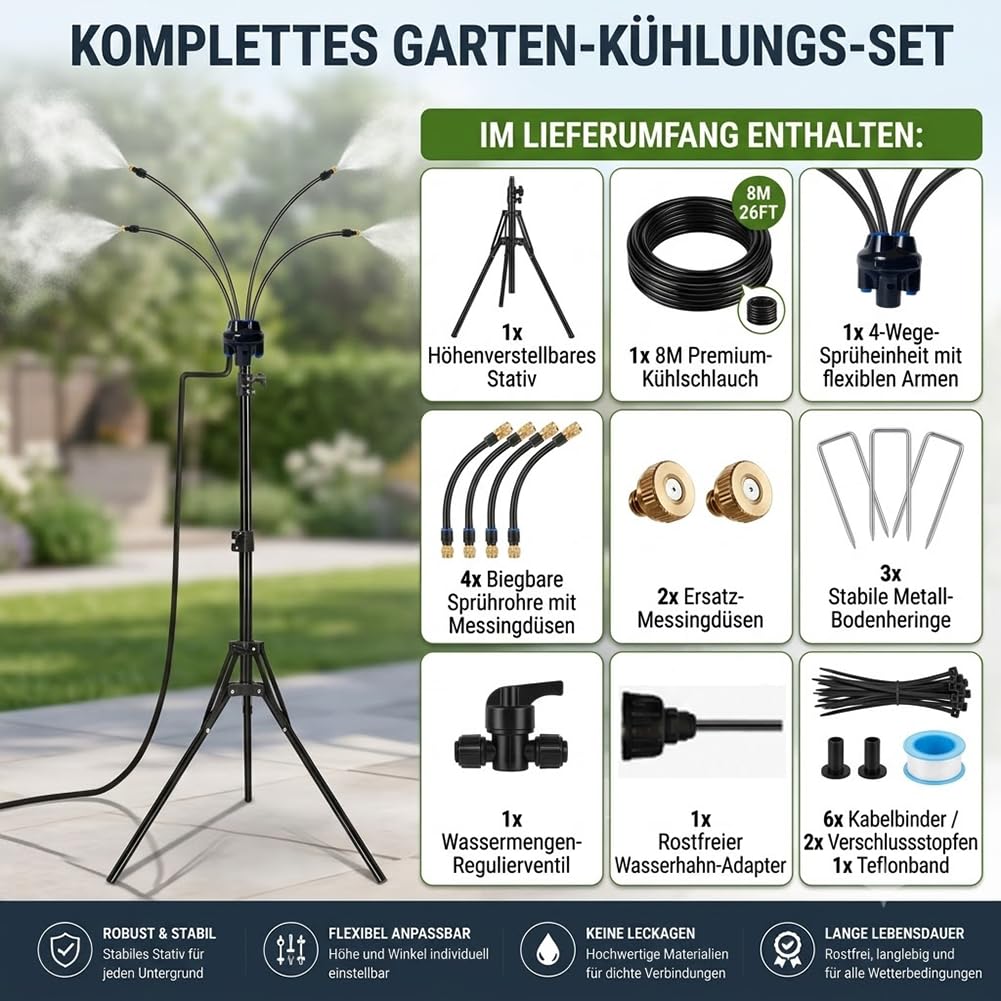 Sprühnebel Terrasse, Wassernebel Kühlung Terrasse mit 360° Drehbarem Arm - Höhenverstellbarer Tragbarer Sprühnebel Kühlung mit 8m Schlauch zum BBQ, Haustierkühlung, Pool & Hinterhof (2 Set)