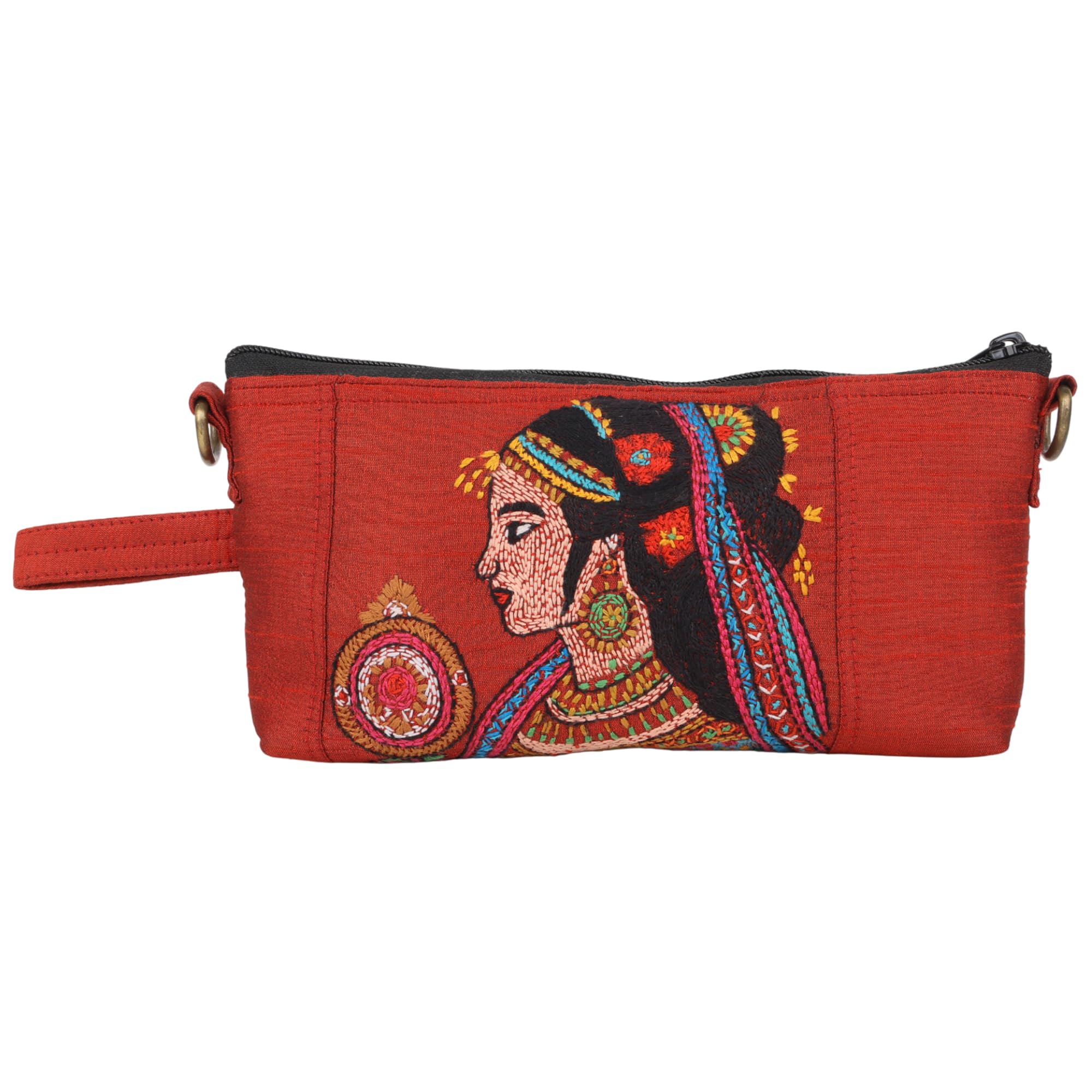 Indha Hand-Embroidered Pouch Cum Sling Bag | Lady with Mirror Motif | 2-in-1 Travel & Daily Use Sling Purse | Handmade Ethnic Gift for Women-image-16