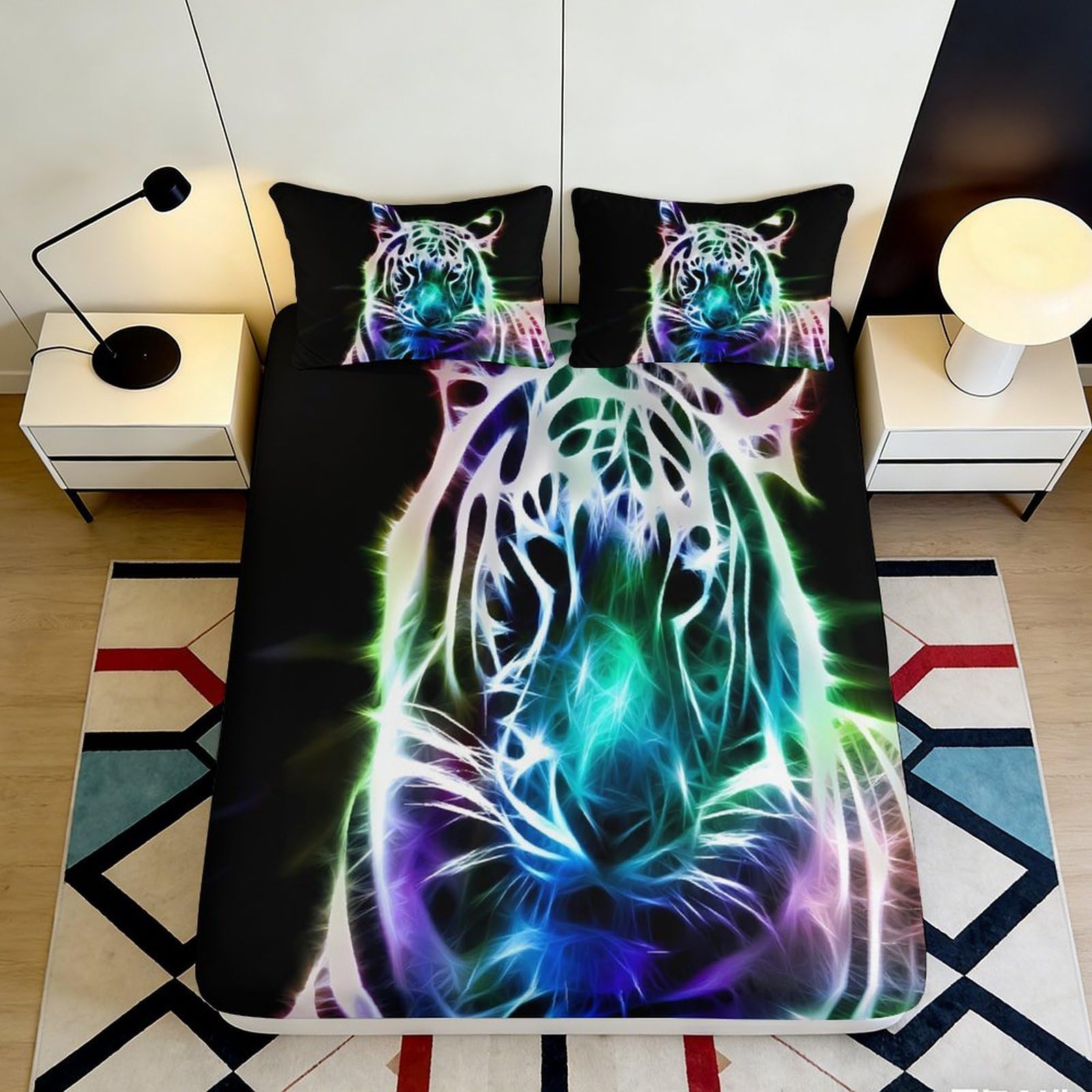 3D Printed neon tiger Fitted Sheet, Microfiber soft touch, wrinkle resistant, guest room bedding, anti-slip, stylish bedroom decor, machine washable 90x200x25cm