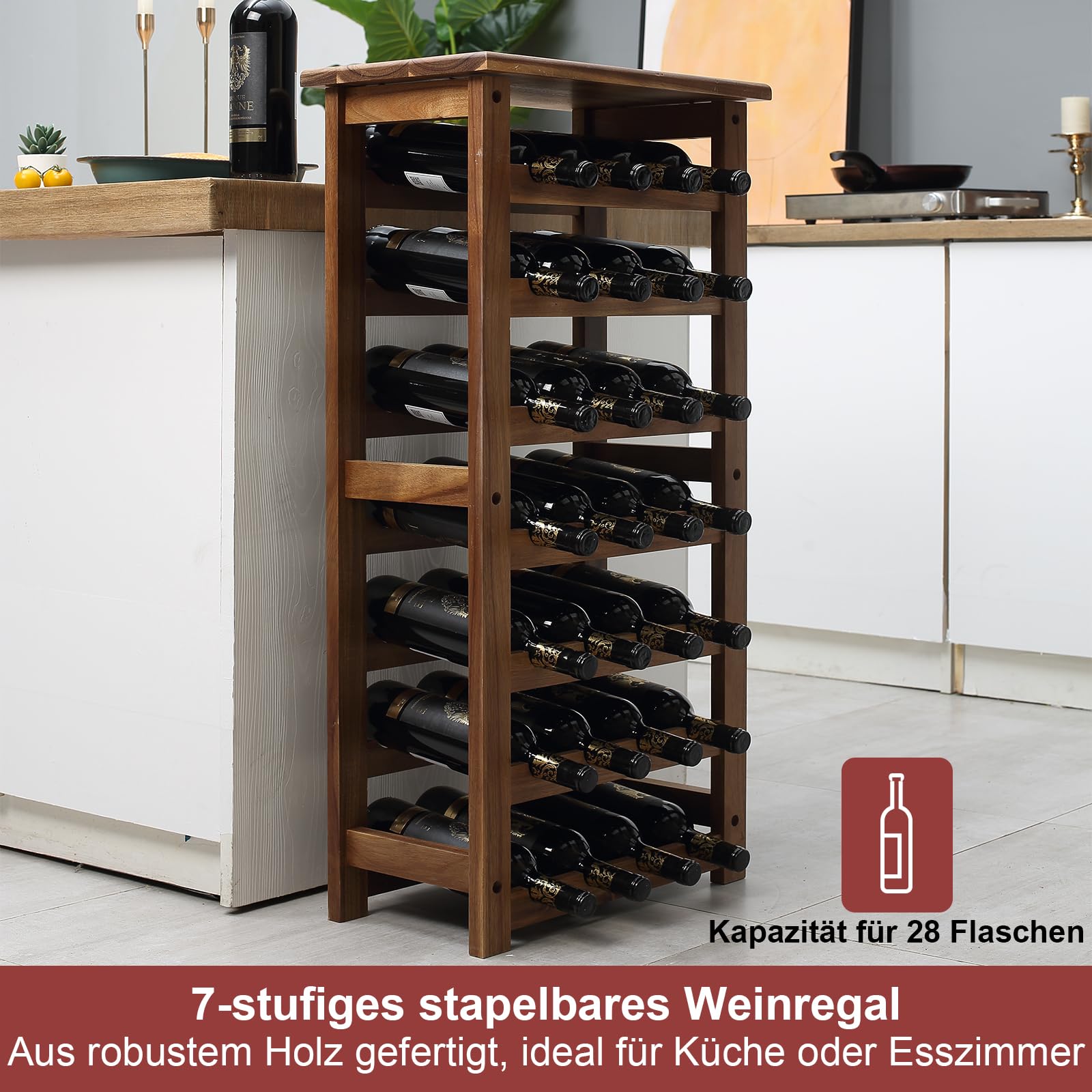 jalz jalz Weinregal Akazienholz für 28 Flaschen - Stabiles Modulares Flaschenregal Holz Erweiterbar - Weinständer für Keller, Küche, Gastronomie, Bar - Platzsparende Weinaufbewahrung Natur