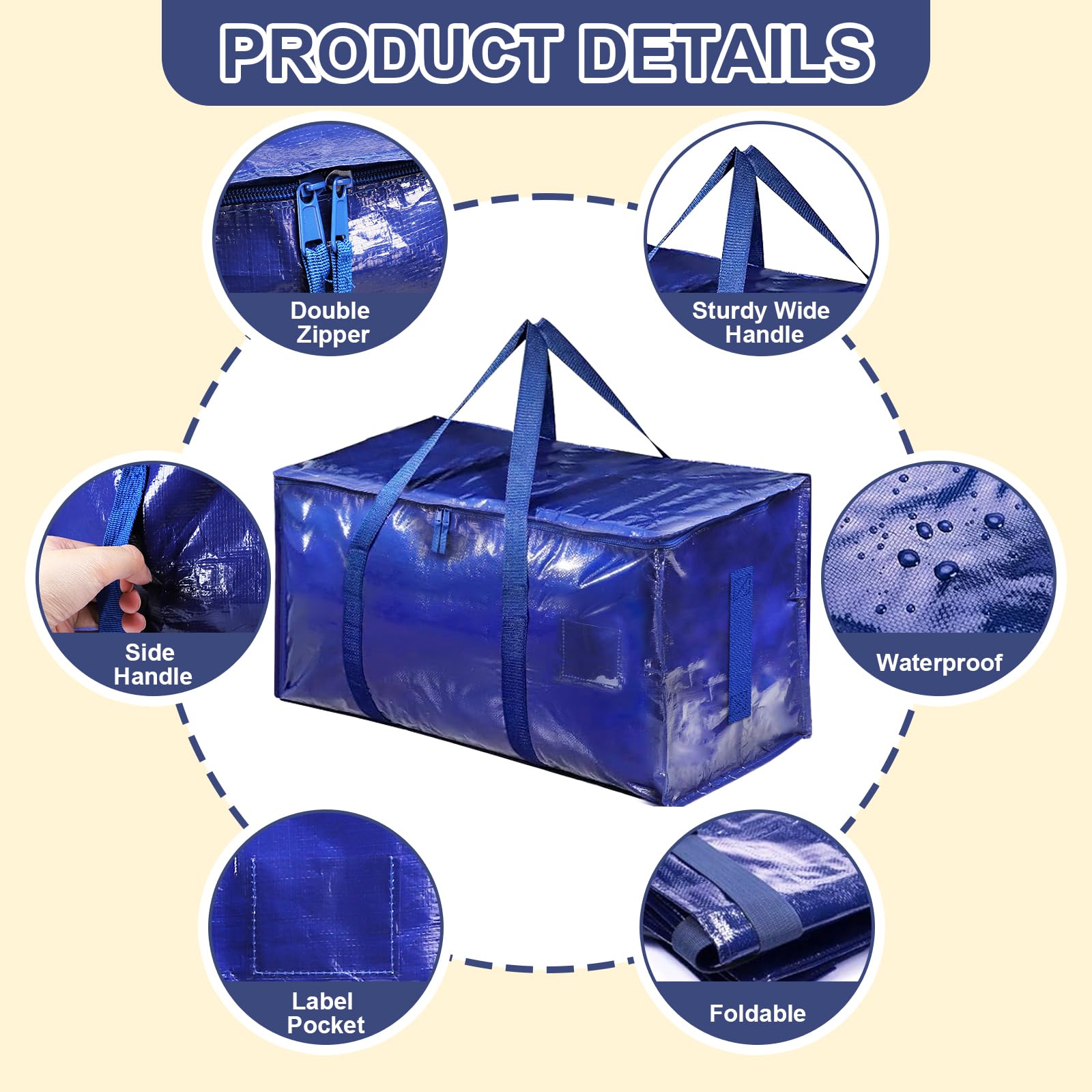 Set da 4 Borse Trasloco 90L Impermeabili con Cerniera e Maniglie Rinforzate, Borse di Stoccaggio Pieghevoli per Vestiti, Trapunte e Viaggi, Alternative a Scatole di Cartone (Blu, 4 Pezzi)