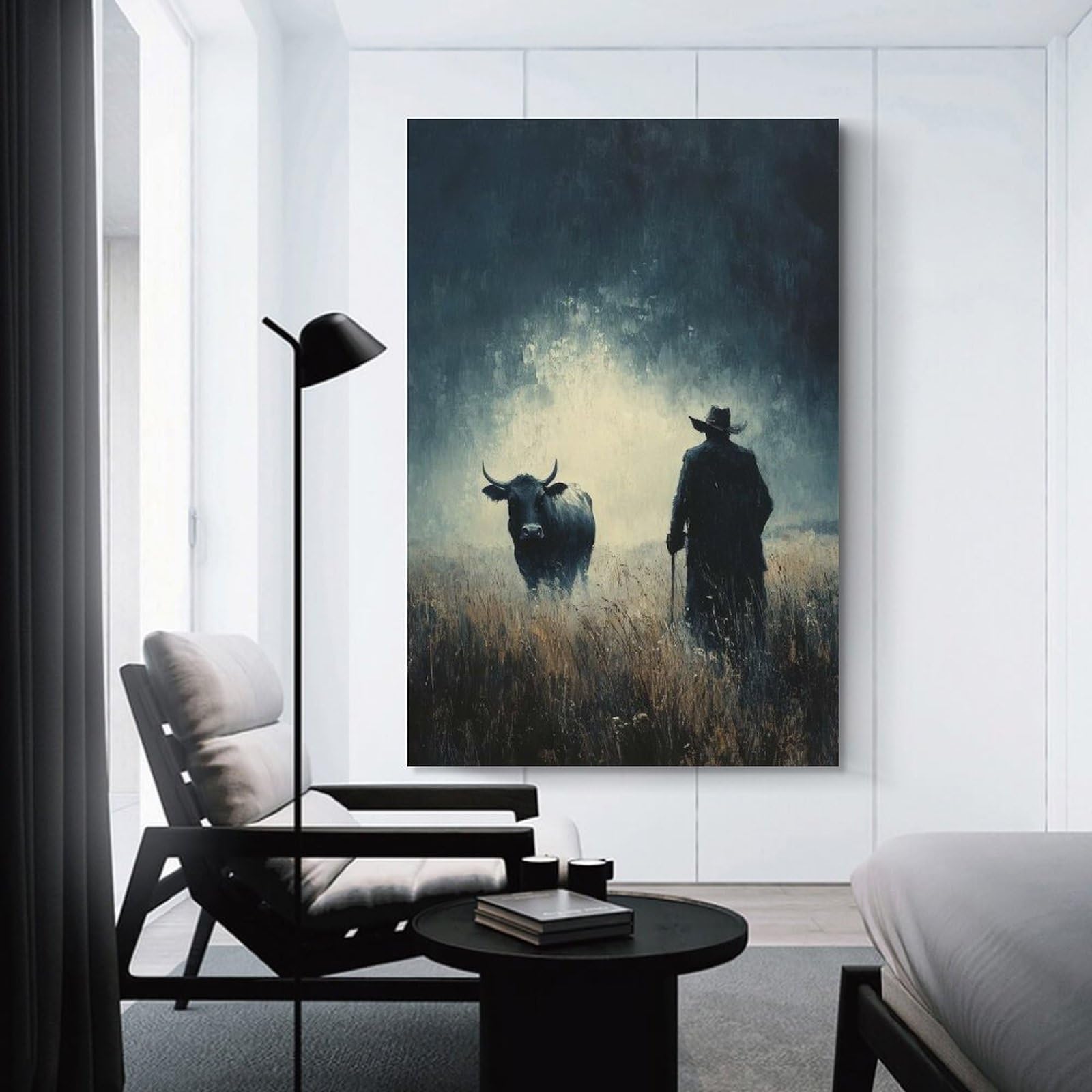 Junmoney Unframe-Style-12 Lone Figure And Bull Wall Decor Canvas Print, 24X36inch(60X90cm), For Lounge, Bedroom Or Personal Spaces, Thoughtful Wall Decor For Art Lovers