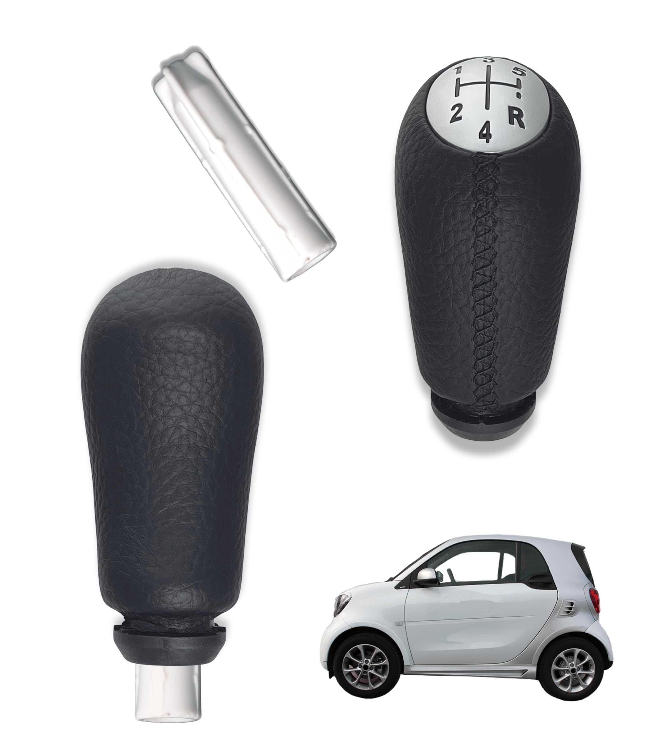 1neiSmartech Kit Pomello Leva Cambio 5 Marce con Adattatore in Plastica, Compatibile con Smart Fortwo III 453 2014–2022 e Smart Forfour W453 2014–2024, Cuciture Nere