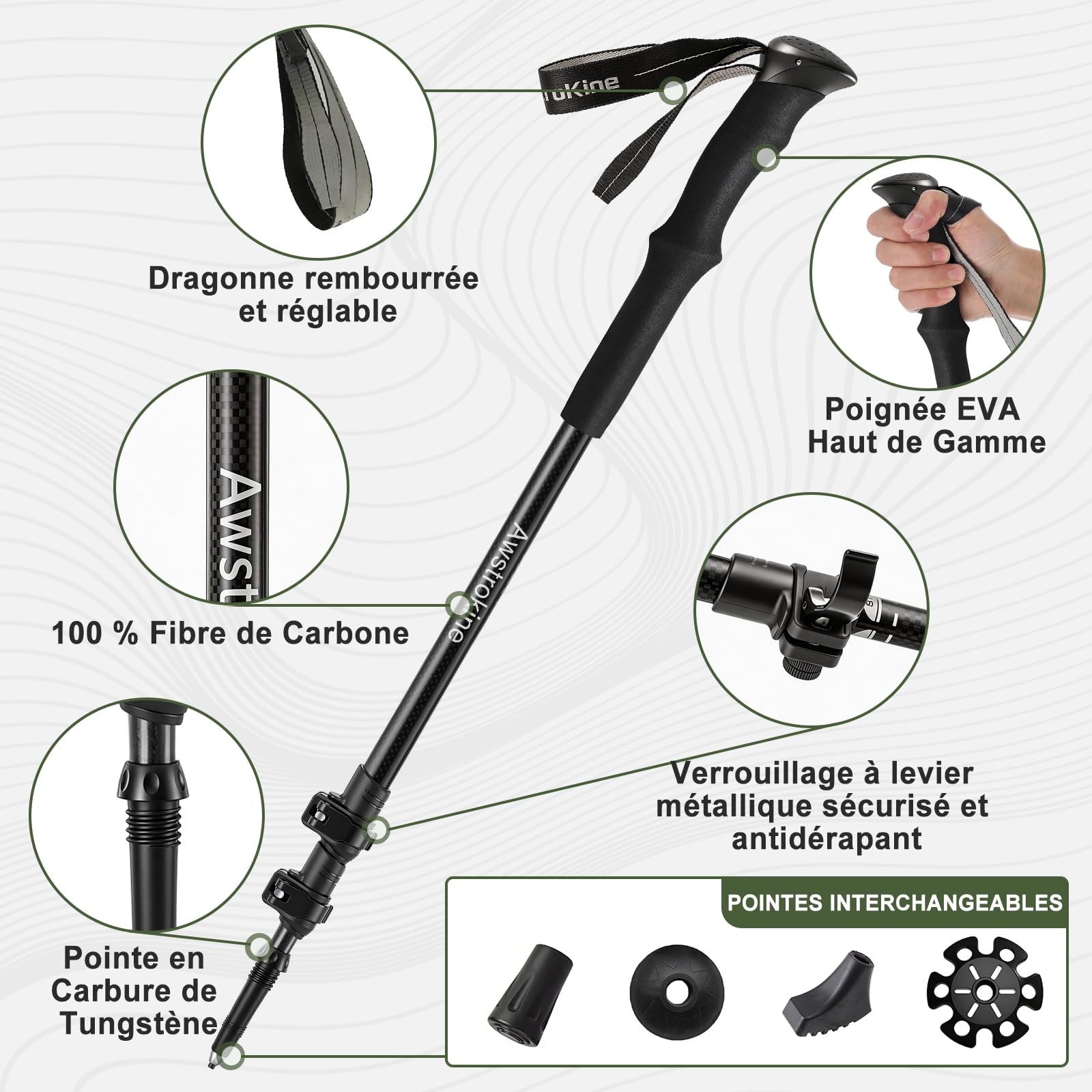 Bastoncini da trekking ultraleggeri in fibra di carbonio, 172 g, per nordic walking con manico full eva e chiusura rapida in metallo, per anziani, donne e uomini, set da 2