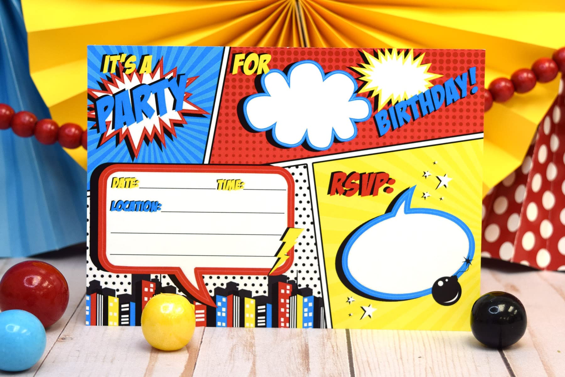 Amazon.com: Super Hero Comic Book Birthday Party Invitations for Boys, 20  5"x7" Fill In Cards with Twenty White Envelopes by AmandaCreation : Toys &  Games